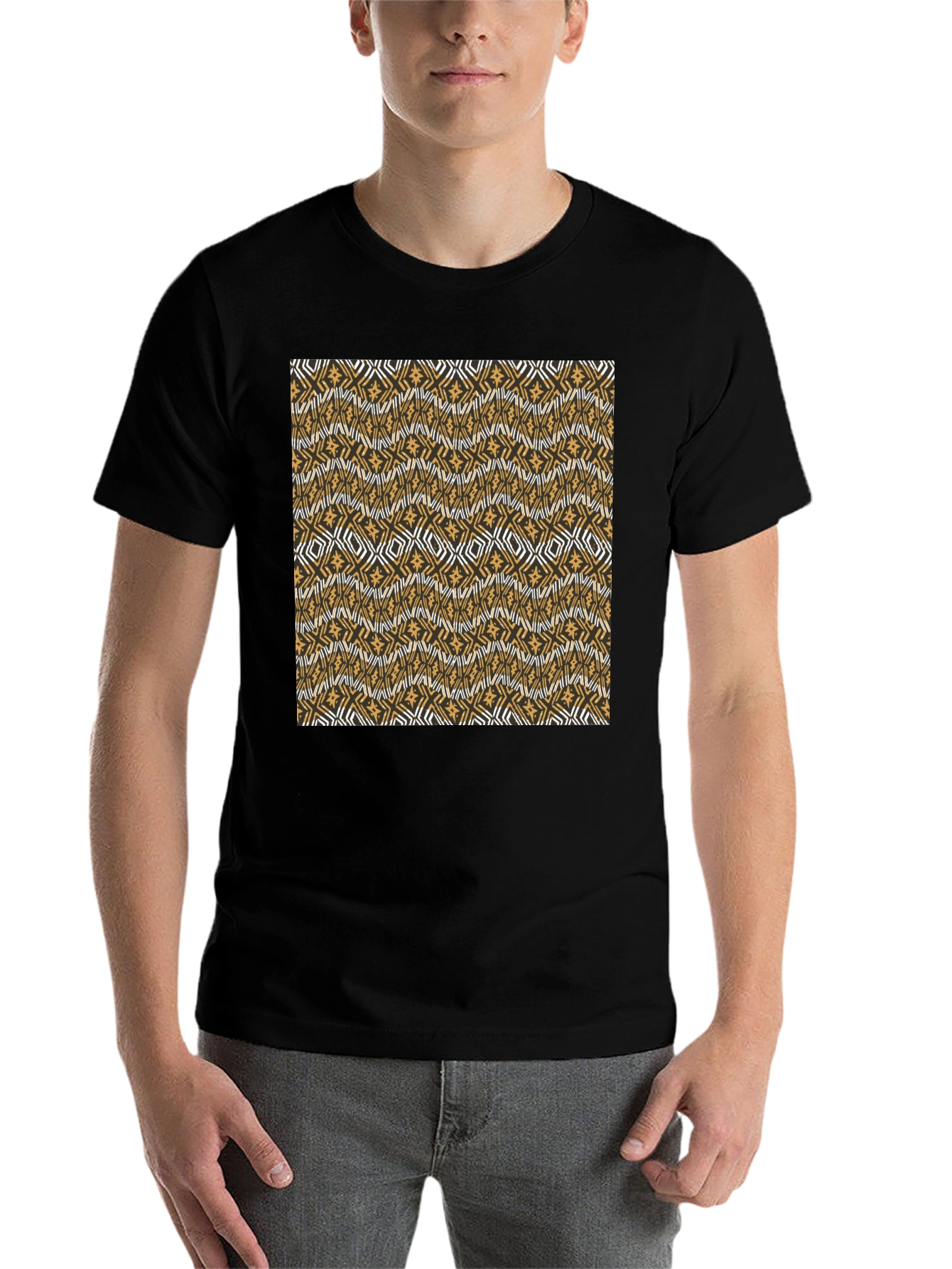 Black Patterned Graphic Tee - Stylish Men's Crew Neck Shirt view 7