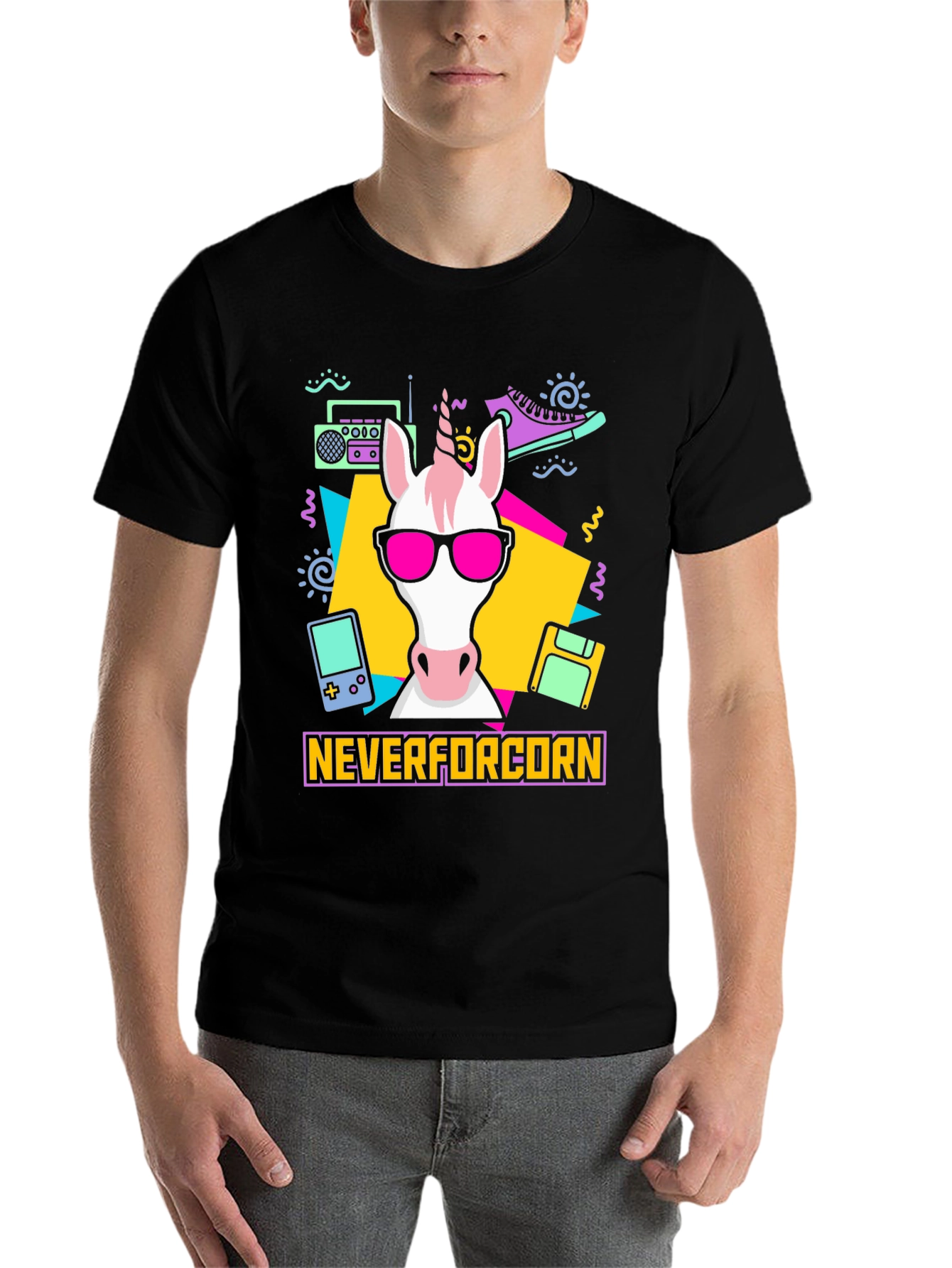 Black NeverforCORN 80s Retro Unicorn T-Shirt view 7