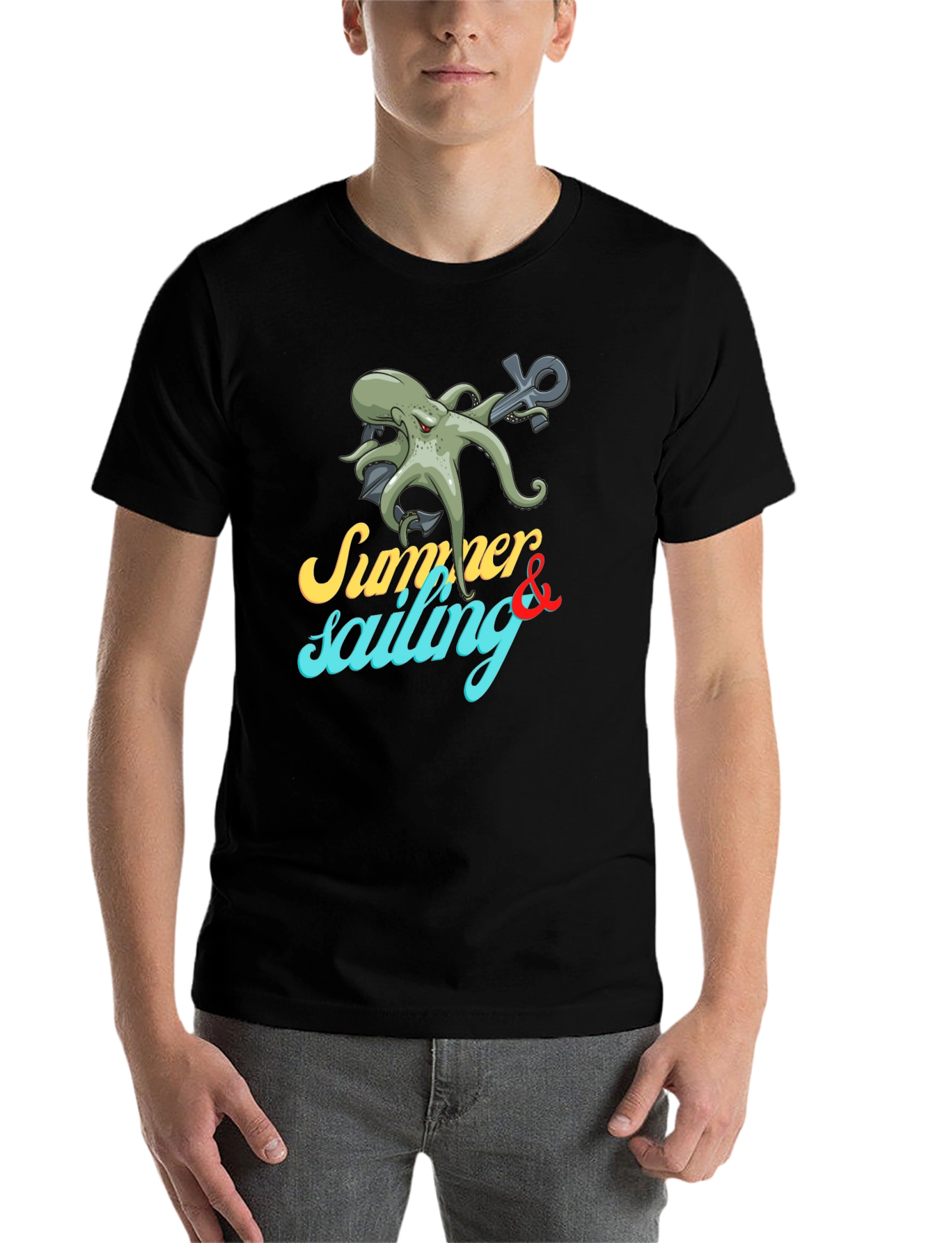 Black Summer Sailing Octopus Graphic Tee view 7