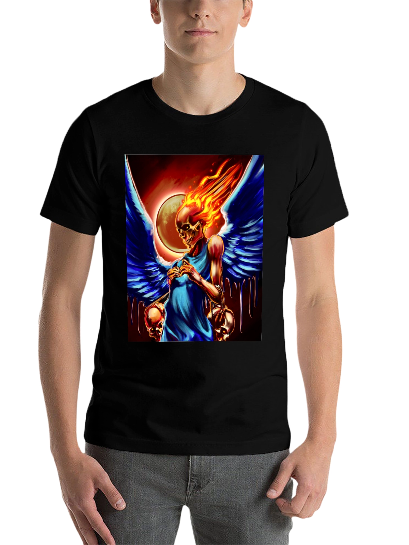 Black Winged Skull Fire T-Shirt - Dark Fantasy Graphic Tee view 7