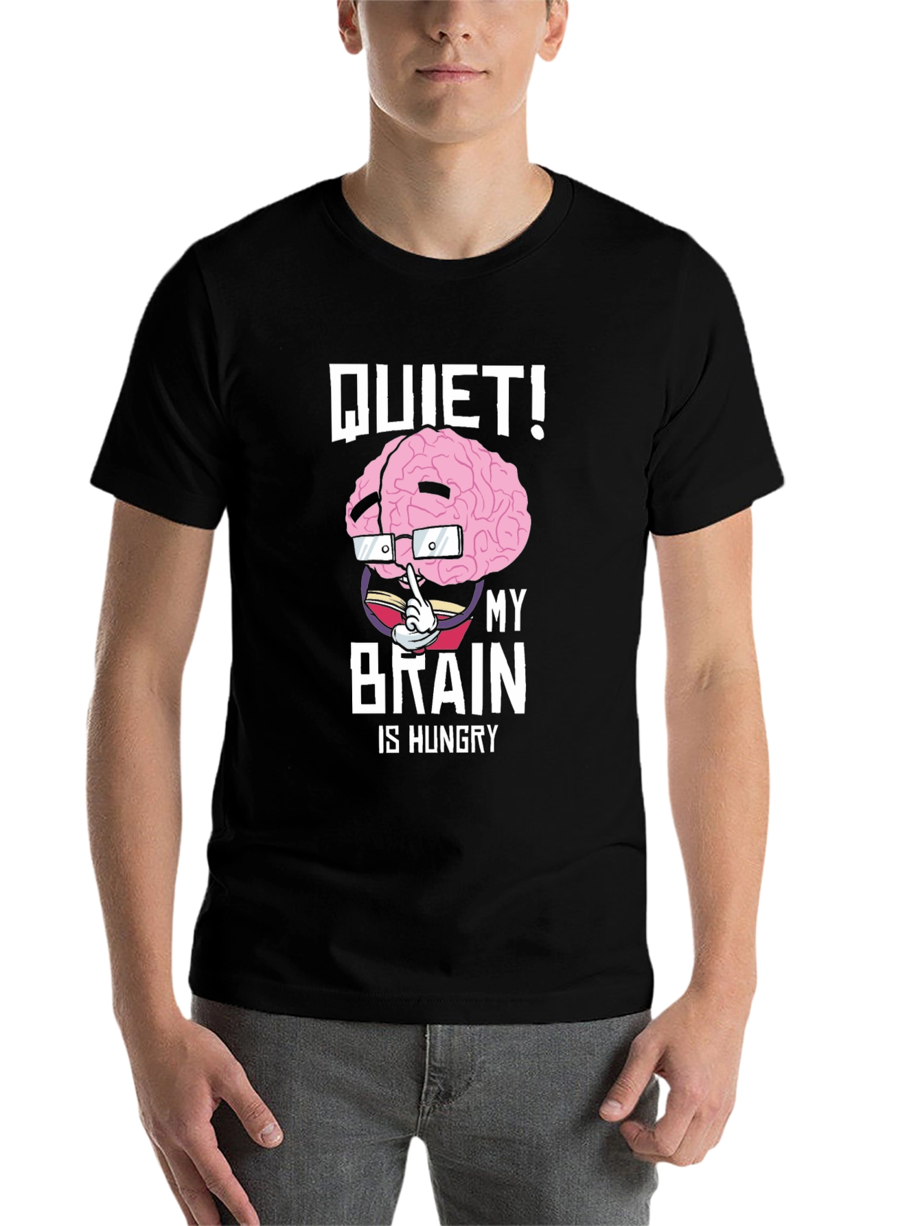 Black Quiet! My Brain is Hungry Graphic Tee view 7