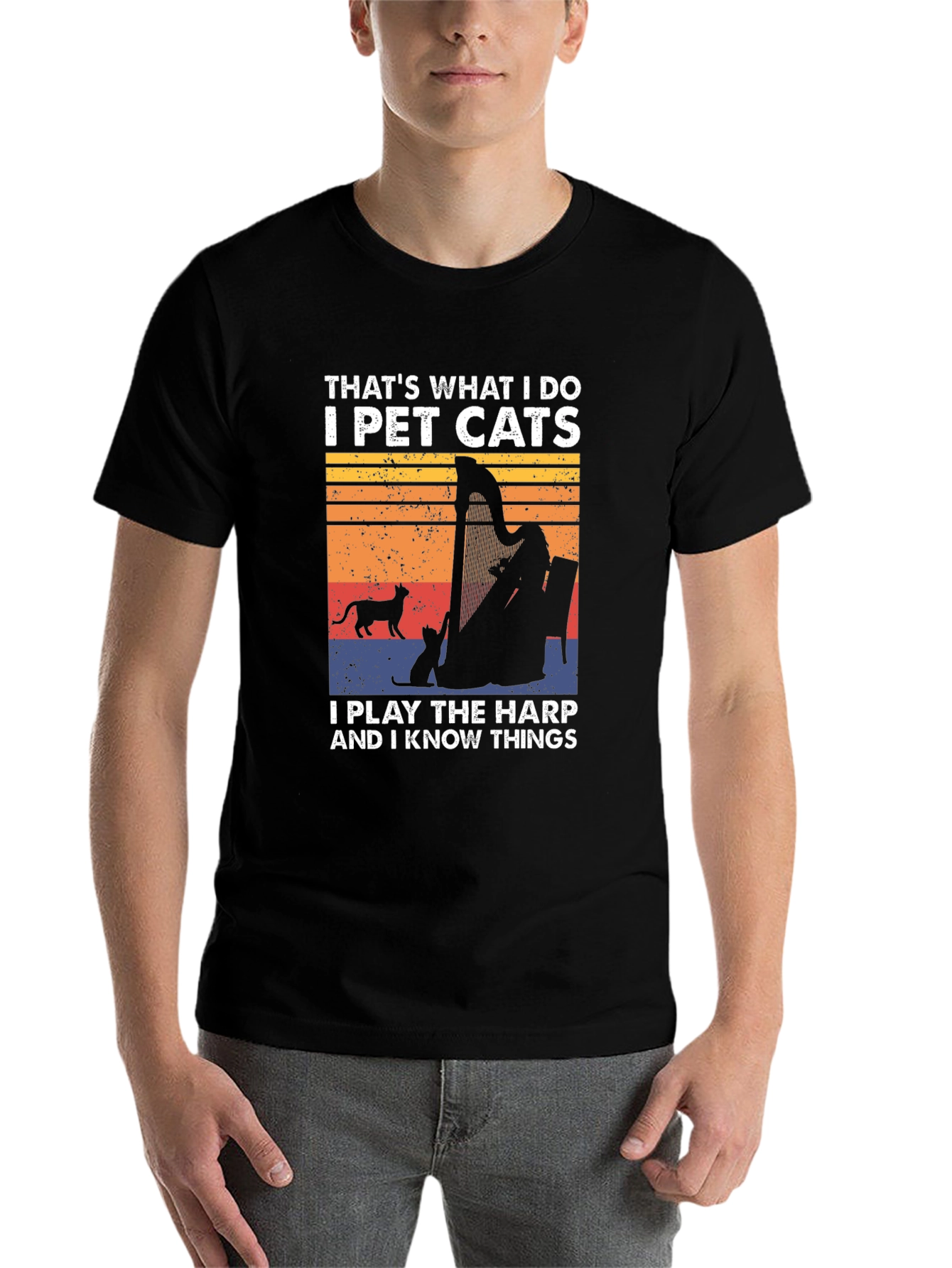 Black Pet Cats & Harp Player Graphic T-Shirt view 7