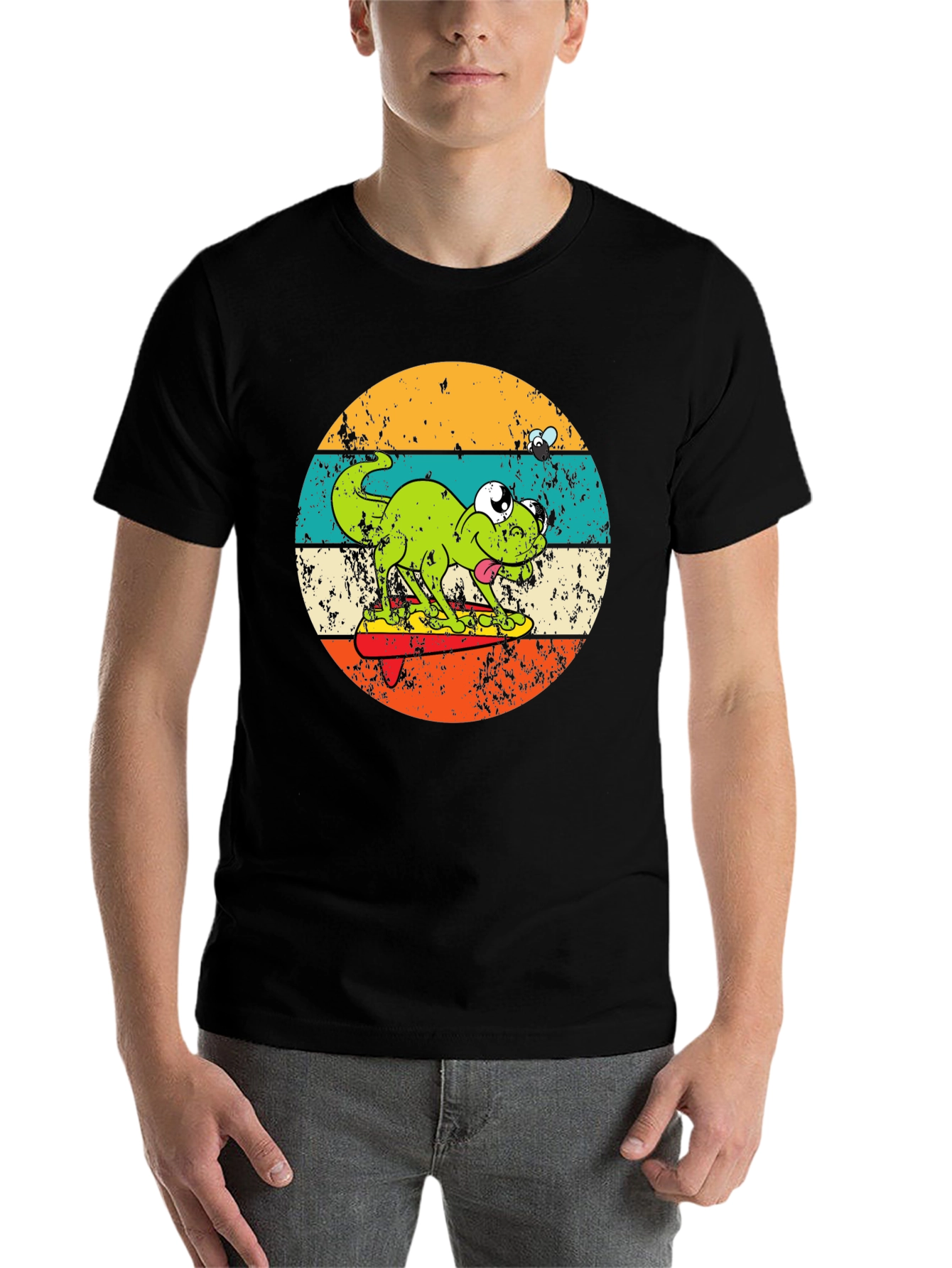 Black Retro Frog Surfing T-Shirt - Unique Graphic Tee view 7