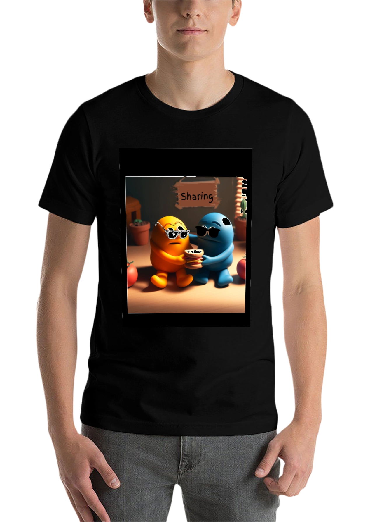Black Sharing Cartoon Character Graphic Tee - Black view 7