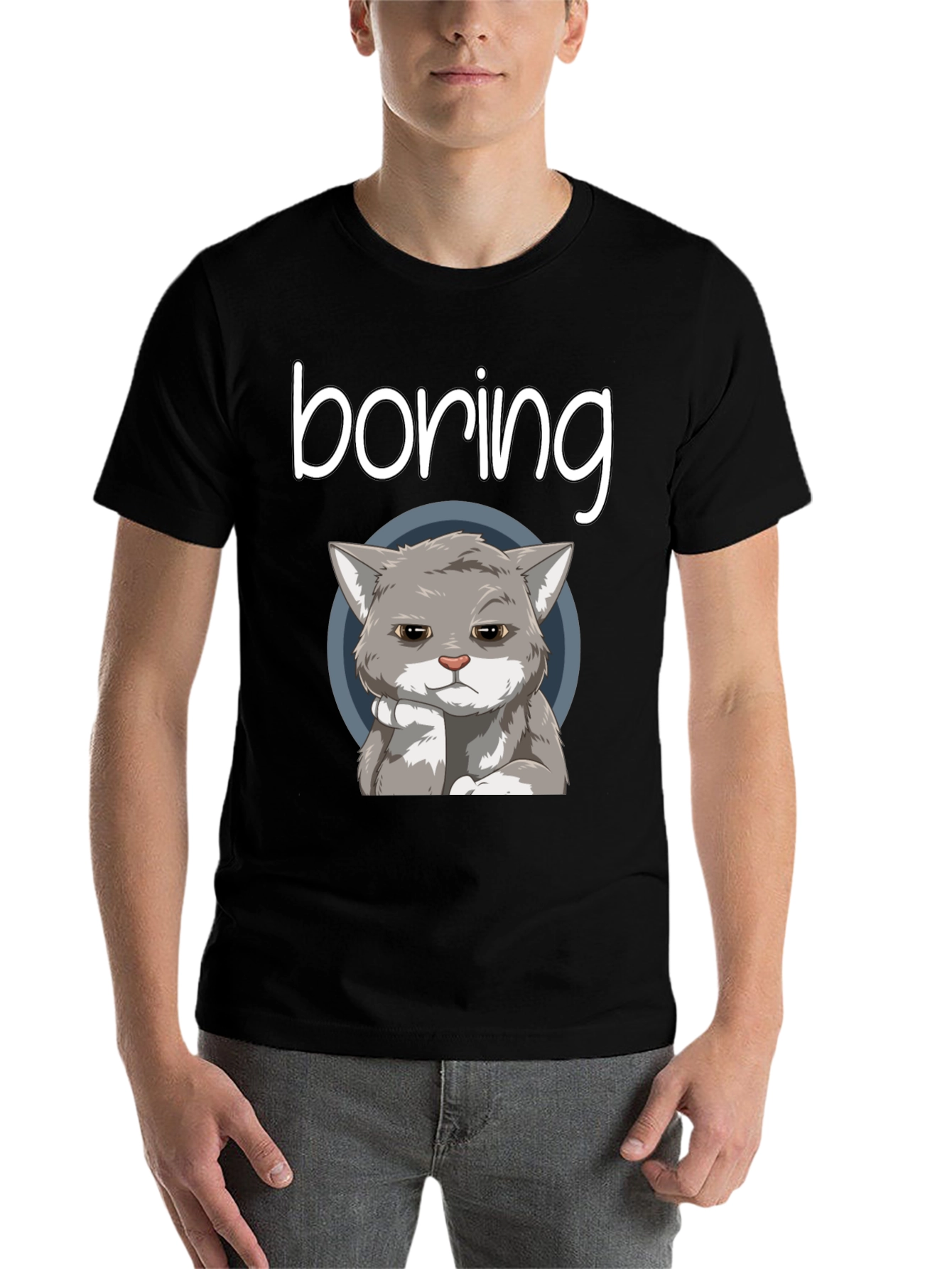 Black Boring Cat T-Shirt - Funny Graphic Tee view 7