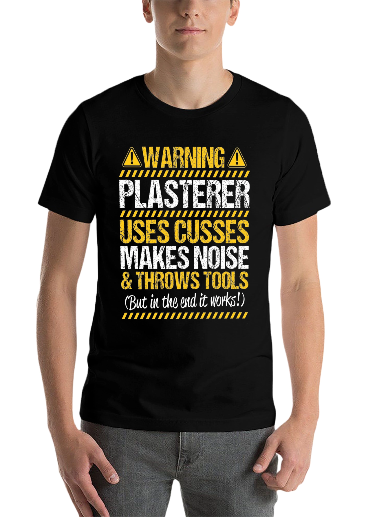 Black Warning Plasterer T-Shirt - Funny Construction Worker Tee view 7