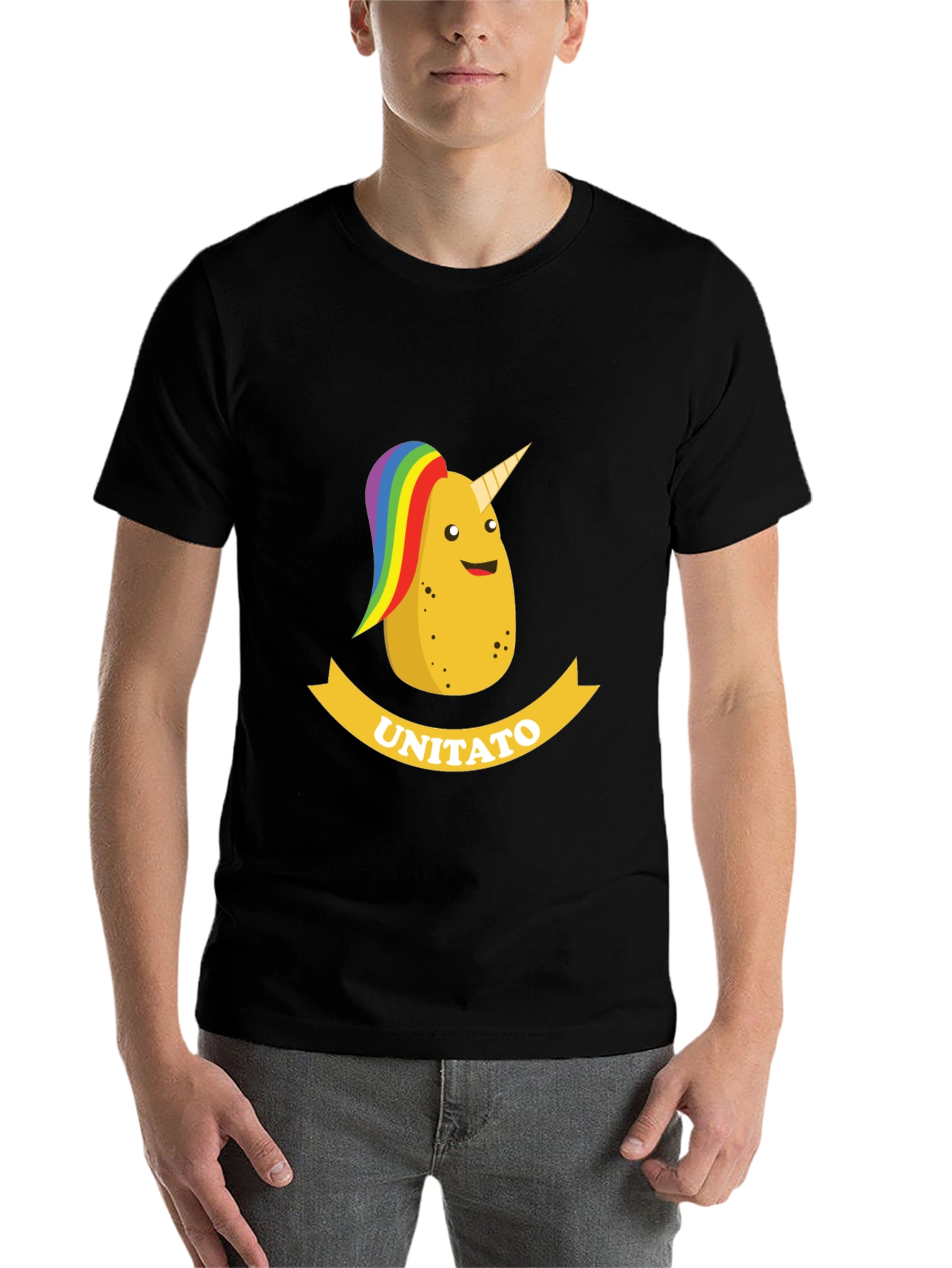 Black Unitato Potato Unicorn Black T-Shirt view 7