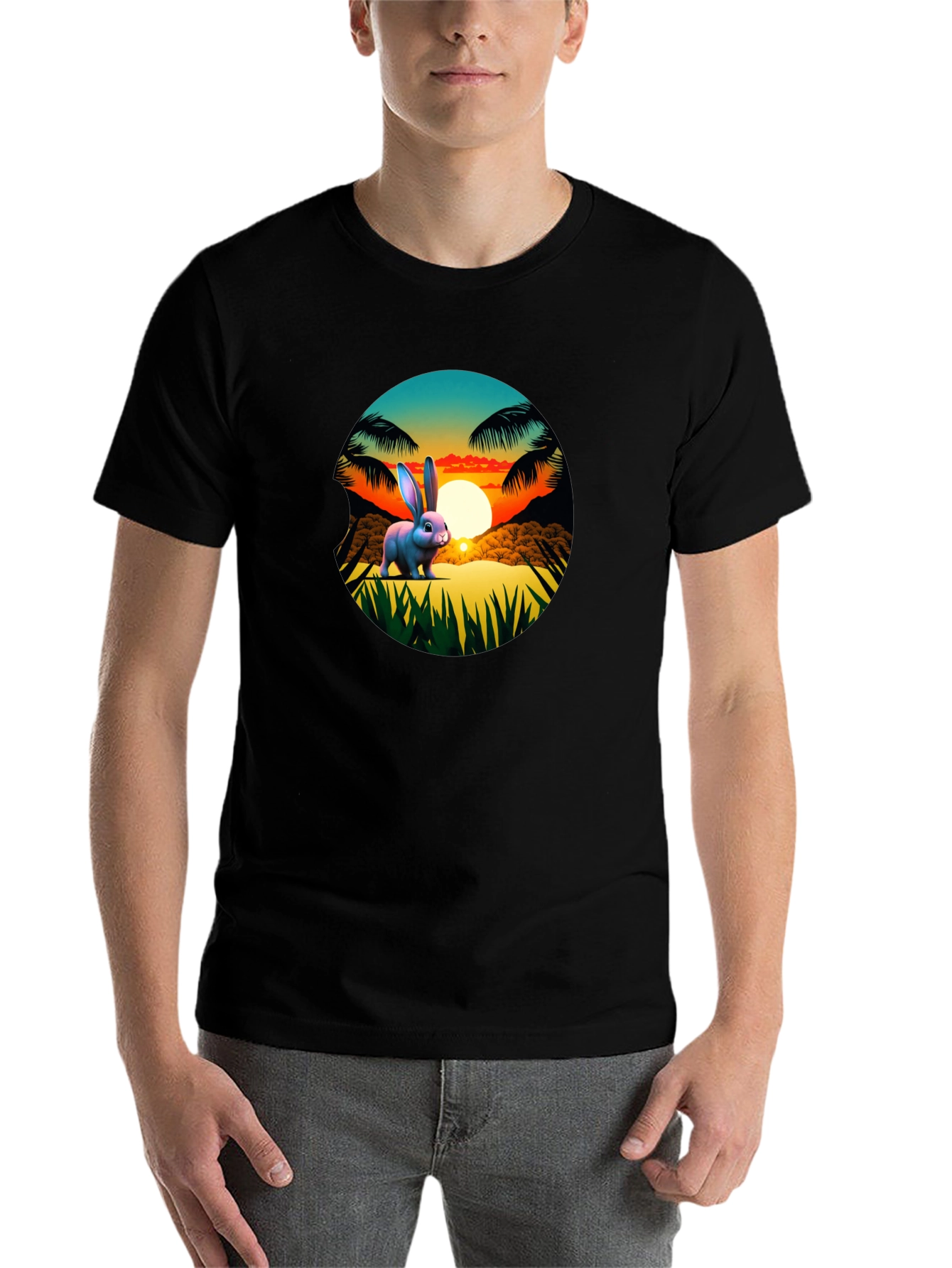Black Tropical Bunny Sunset Graphic Tee view 7