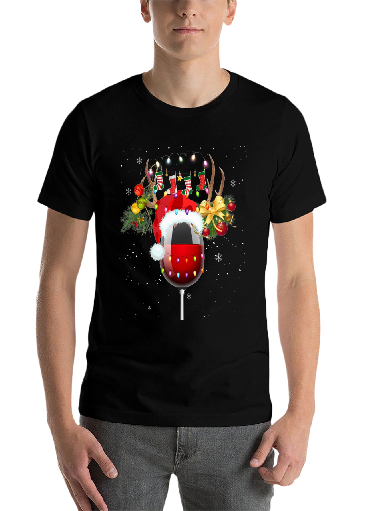 Black Festive Wine Glass Christmas T-Shirt view 7