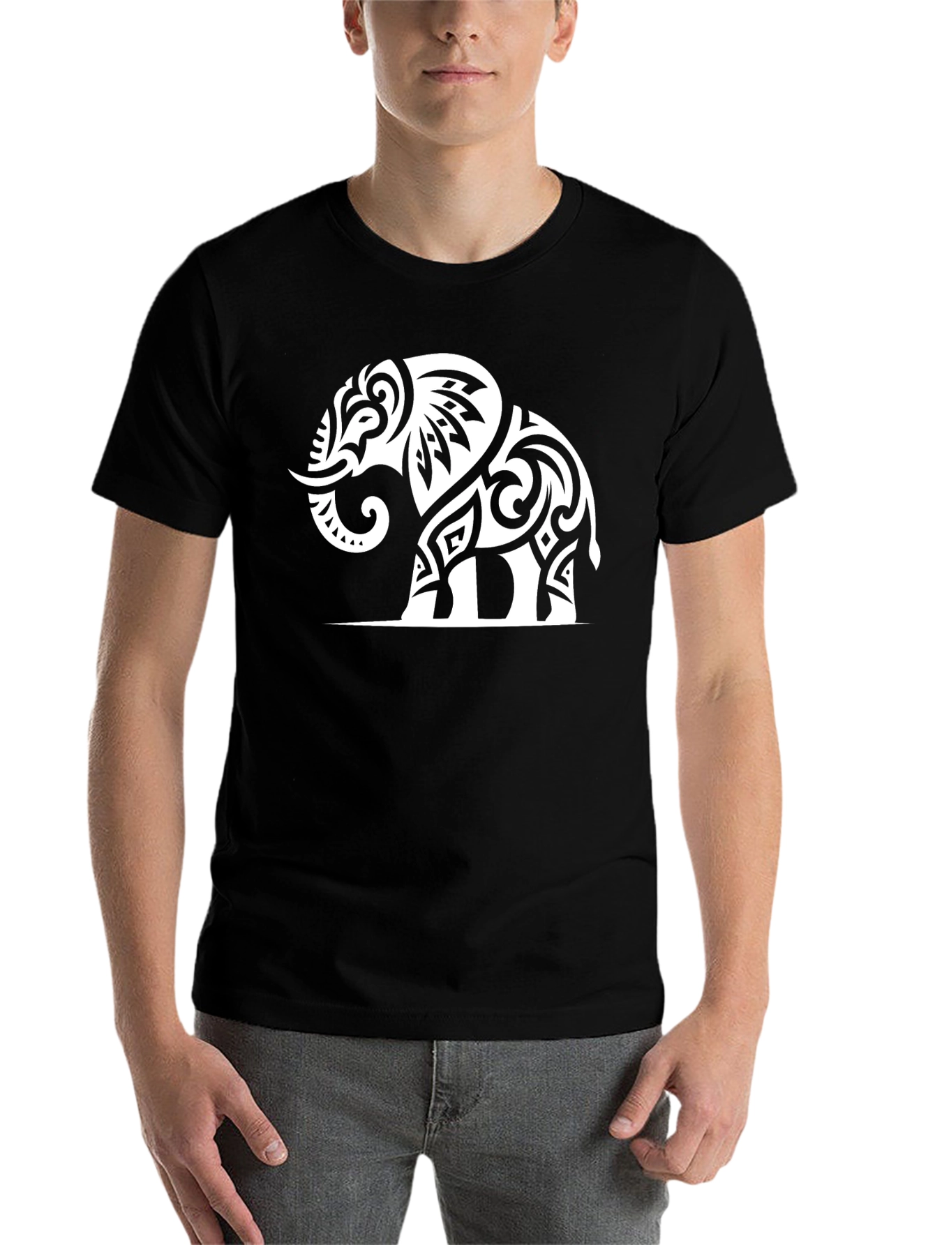 Black Tribal Elephant Graphic T-Shirt - Black Cotton Tee view 7