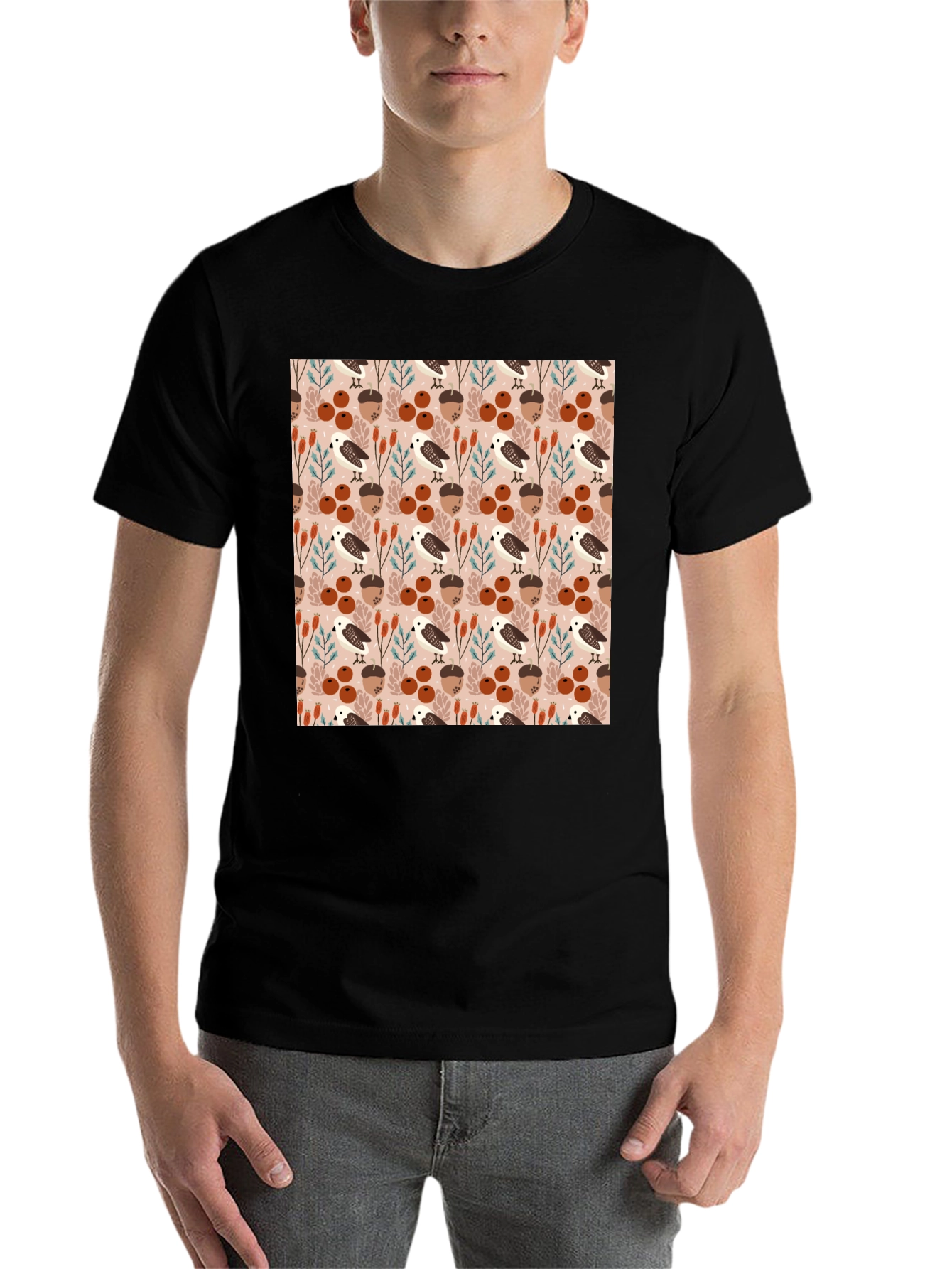 Black Autumnal Bird and Acorn Pattern T-Shirt view 7