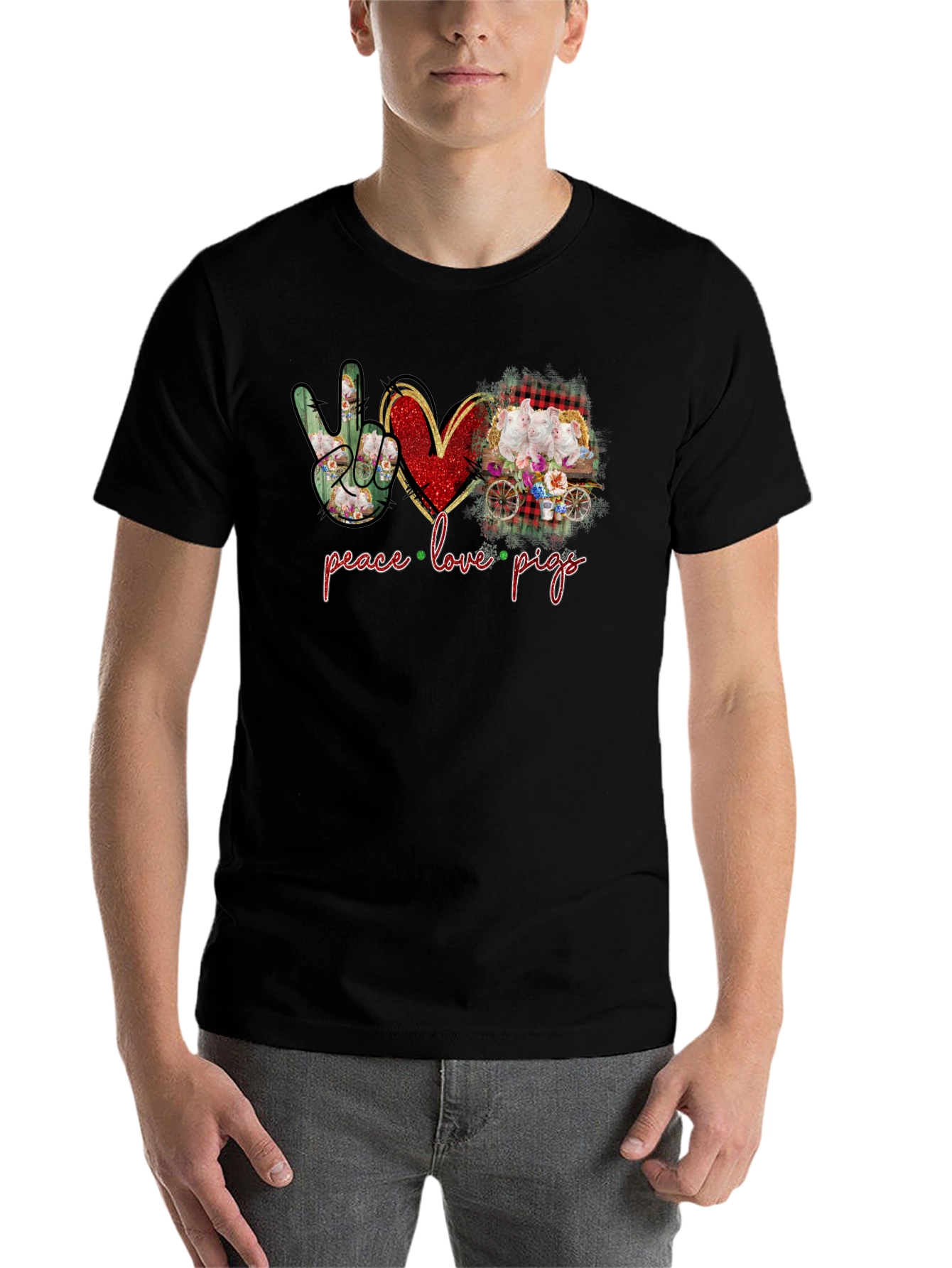 Black Peace Love Pigs Graphic T-Shirt view 7
