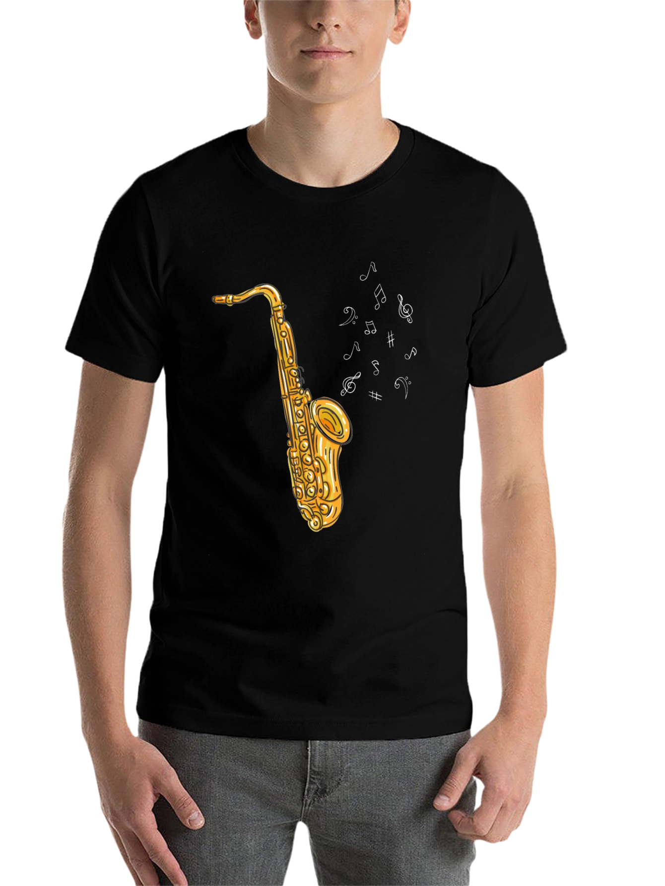Black Saxophone Graphic Tee - Musical Notes Design view 7