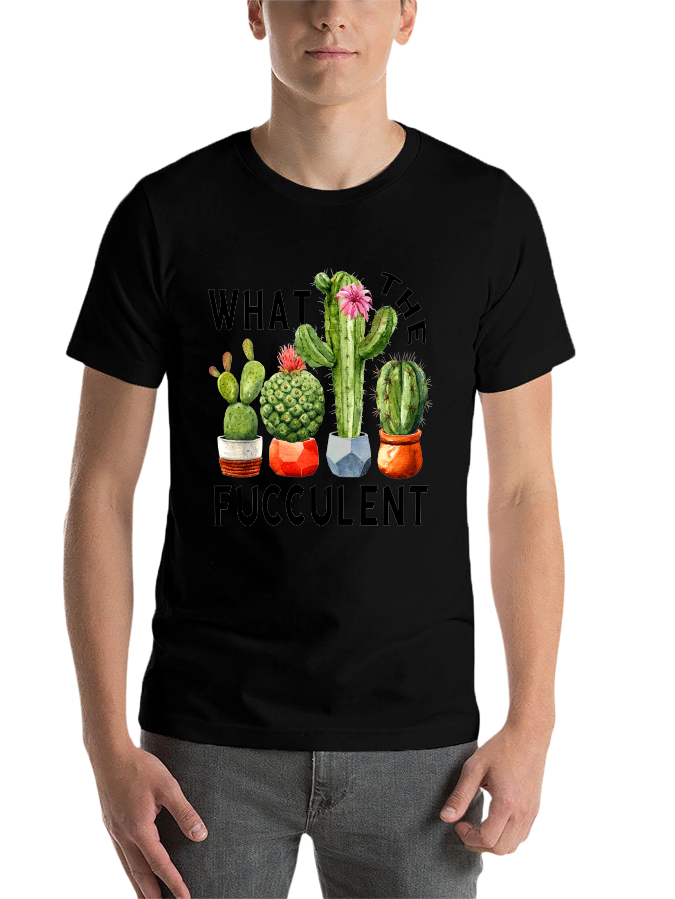 Black "What the Fucculent" Cactus Graphic T-Shirt view 7