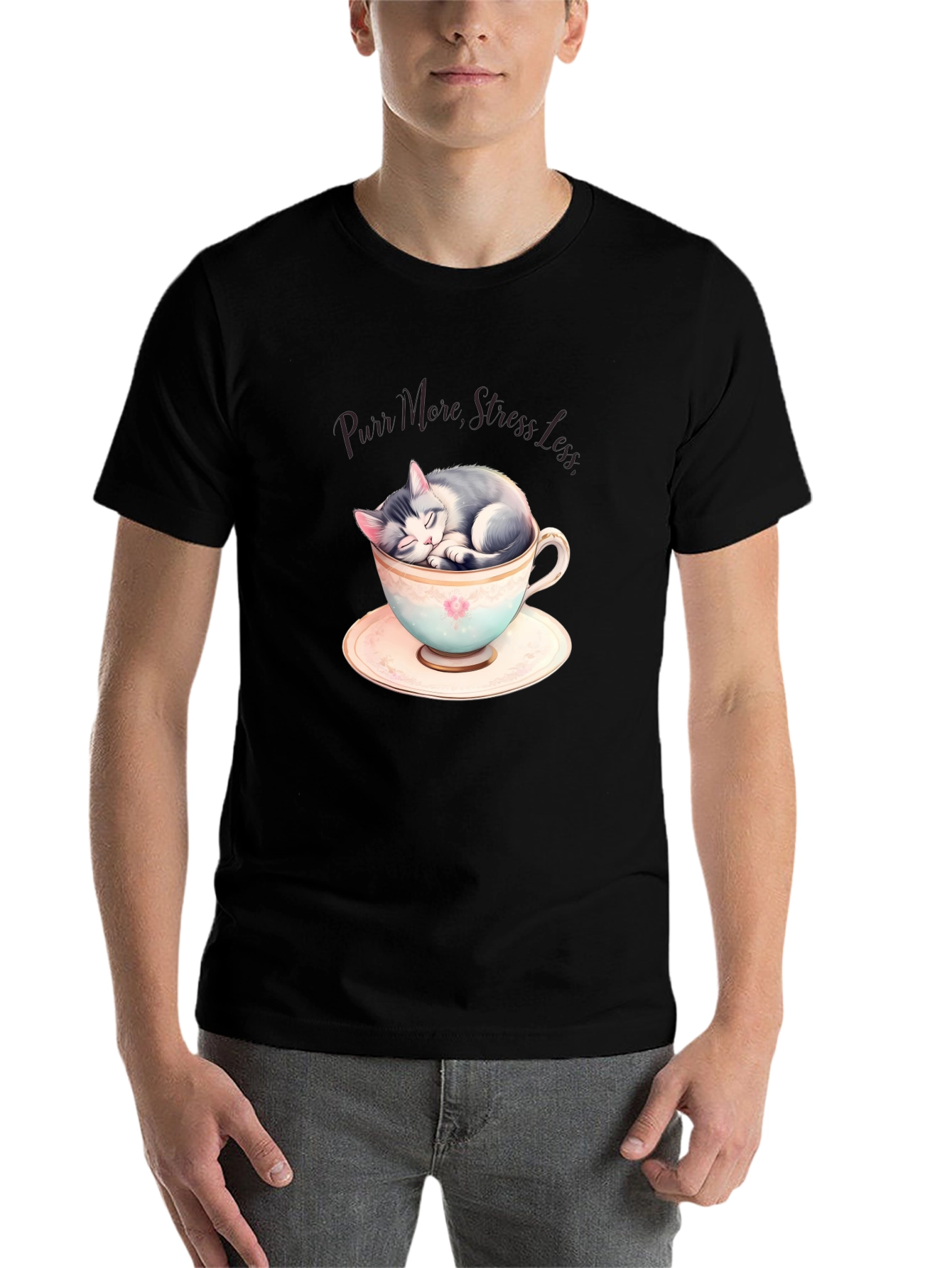Purr More Stress Less T-Shirt: Cute Cat in Teacup - 7