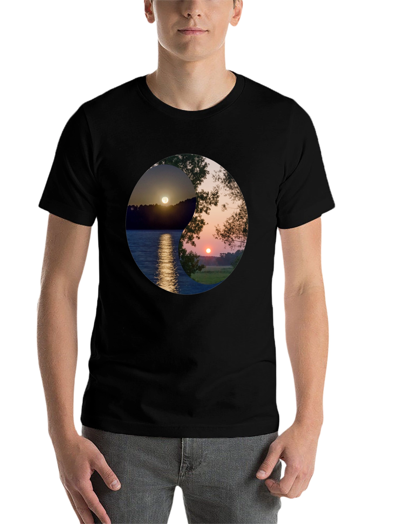 Black Yin Yang Sunset Graphic T-Shirt view 7