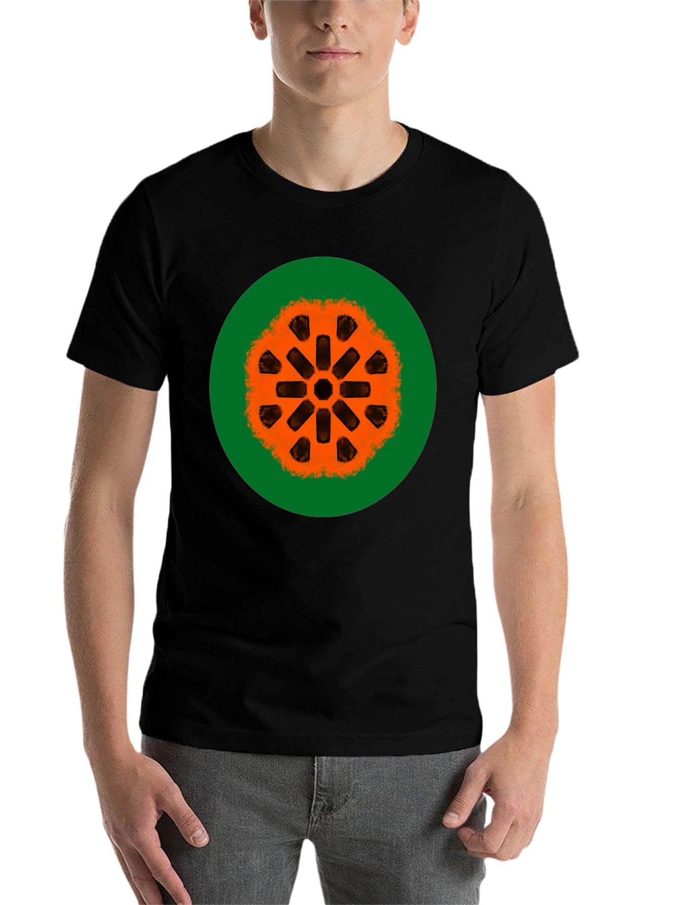 Black Graphic Tee: Orange Mandala on Green view 7