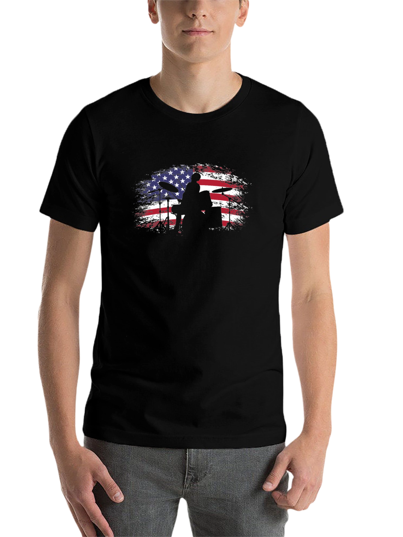 Black American Flag Drummer Black T-Shirt view 7