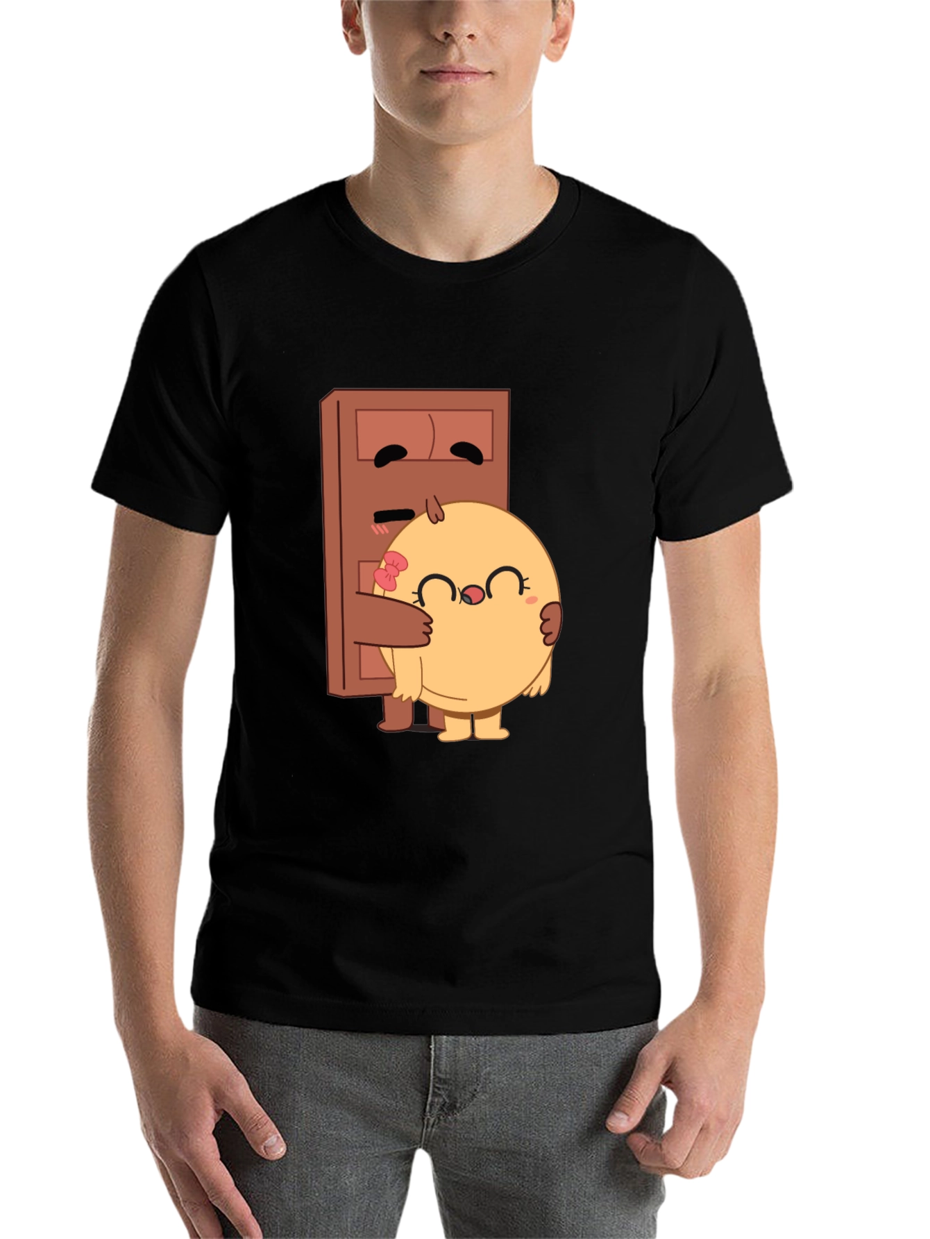 Black Cute Cartoon Hug T-Shirt view 7