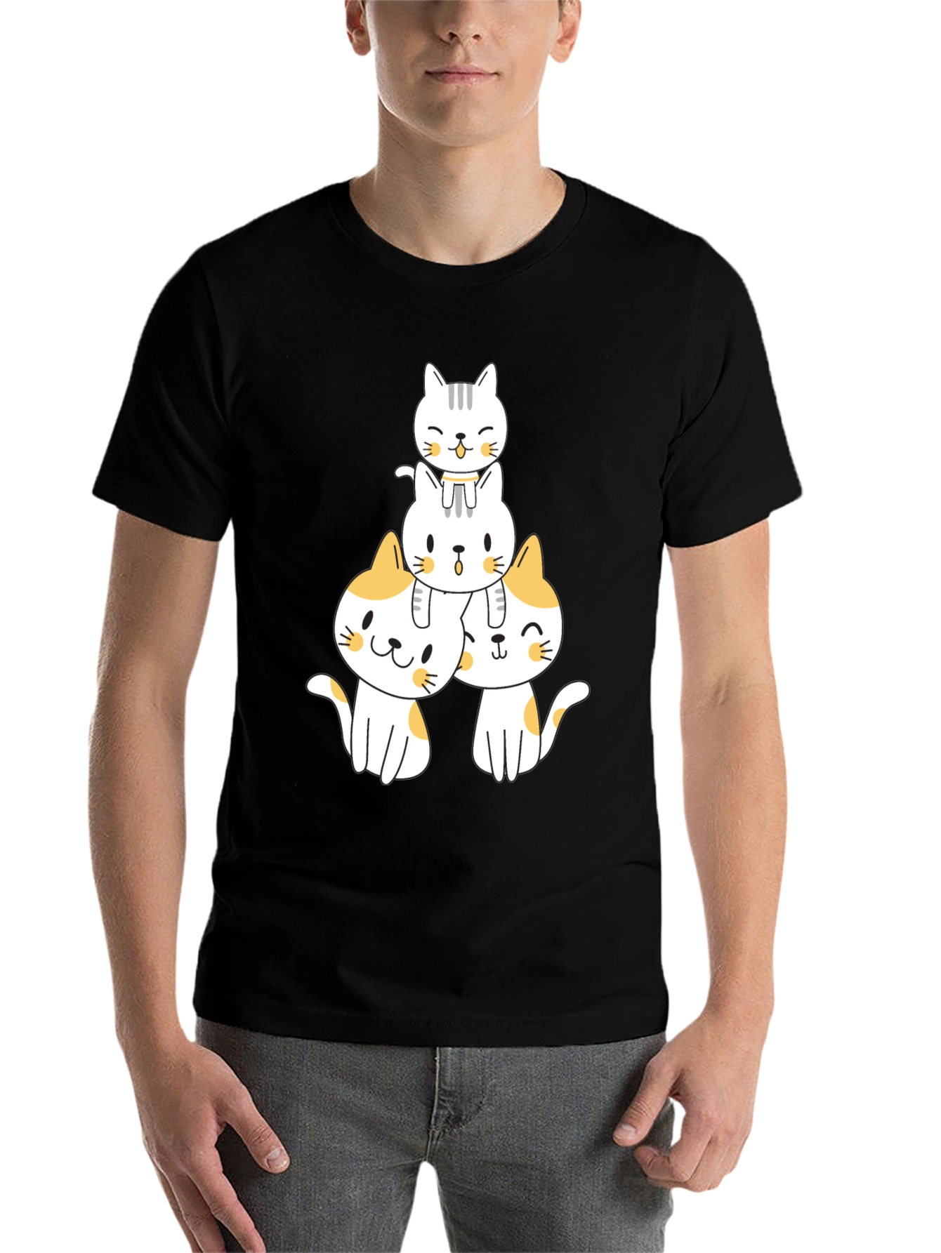 Black Cute Stacked Cats Graphic T-Shirt view 7
