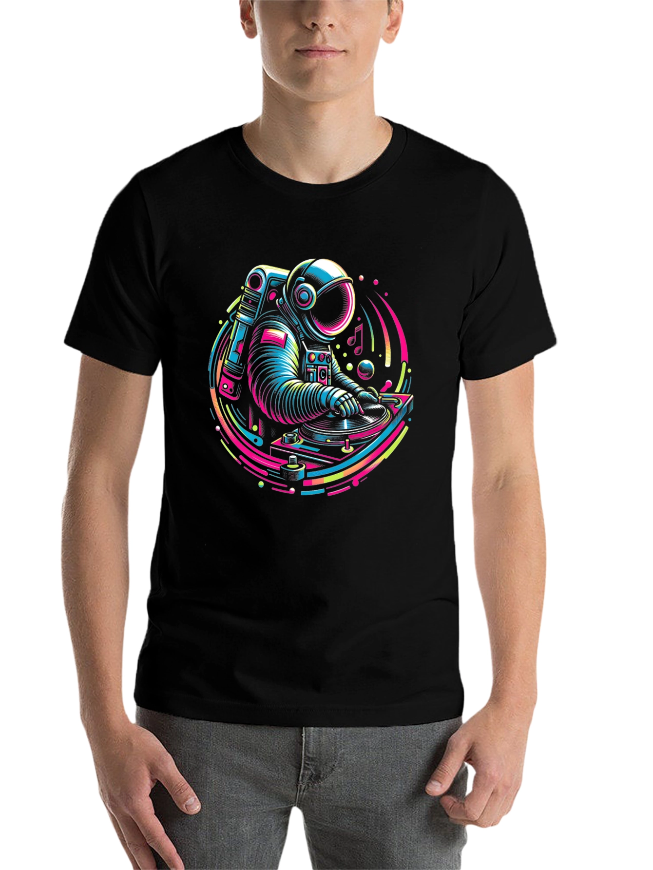 Black DJ Astronaut Graphic Tee - Neon Space Vibes view 7