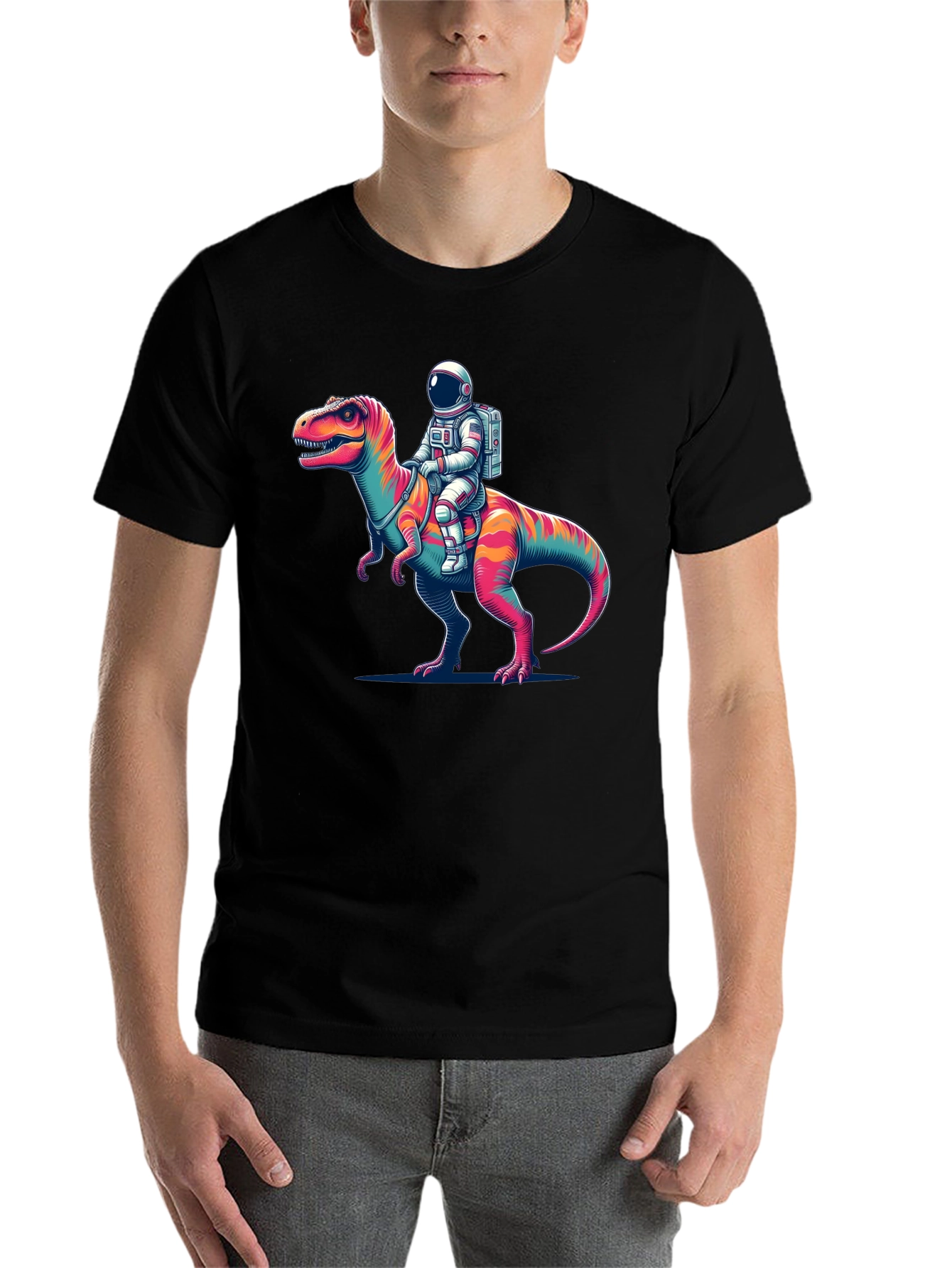 Black Astronaut Riding Dinosaur Graphic Tee view 7