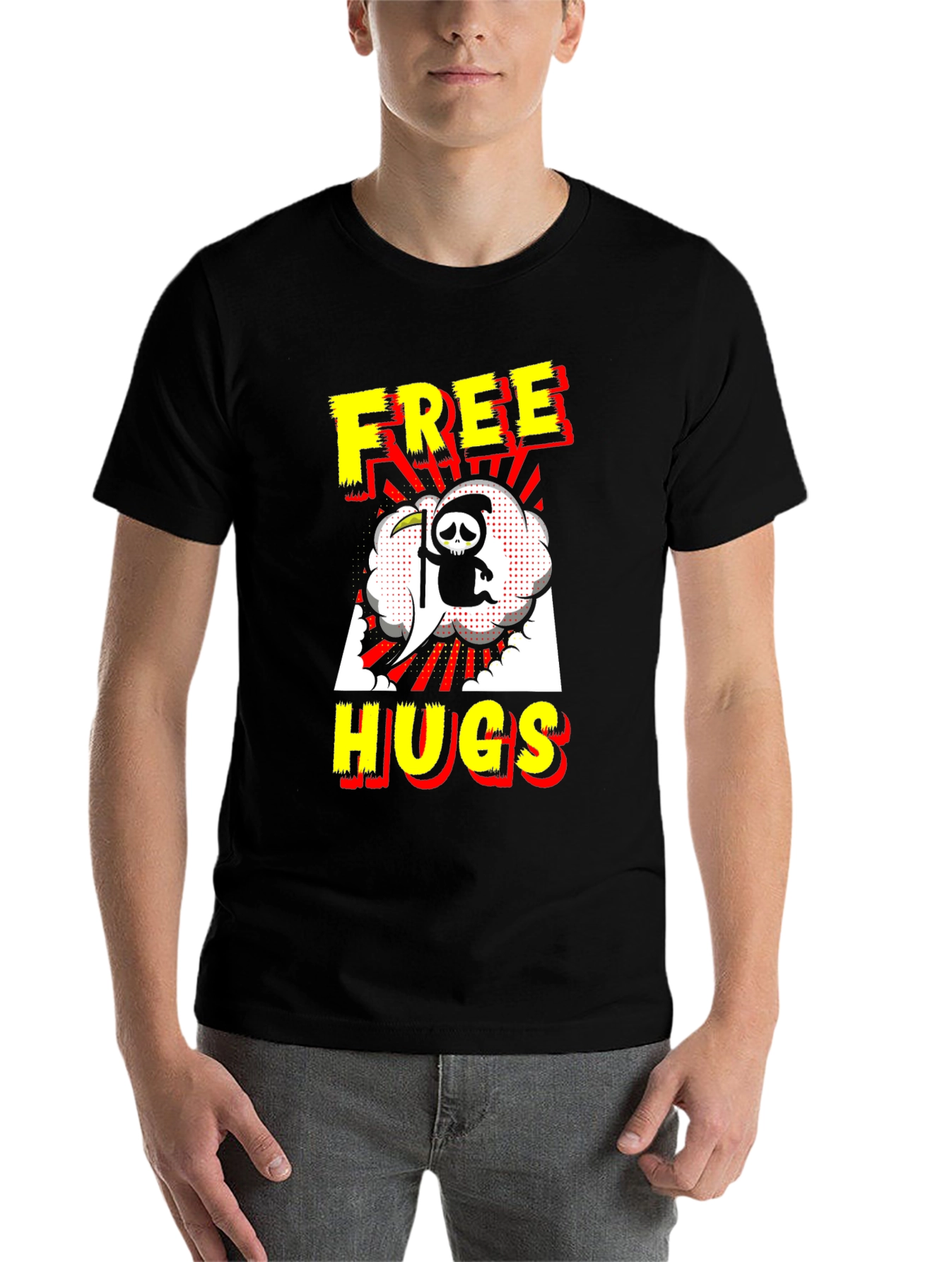 Black Free Hugs Grim Reaper Black T-Shirt view 7