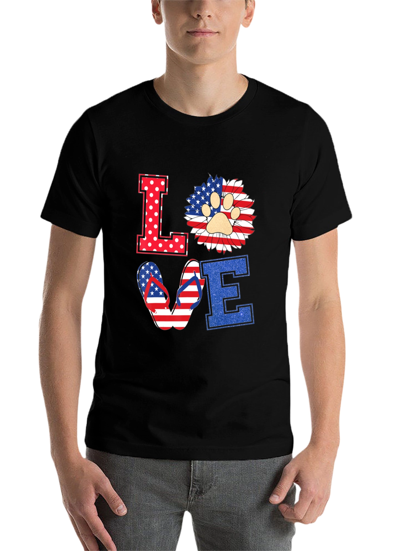 Patriotic LOVE T-Shirt, Paw Print, Flip Flops, USA Flag - 7