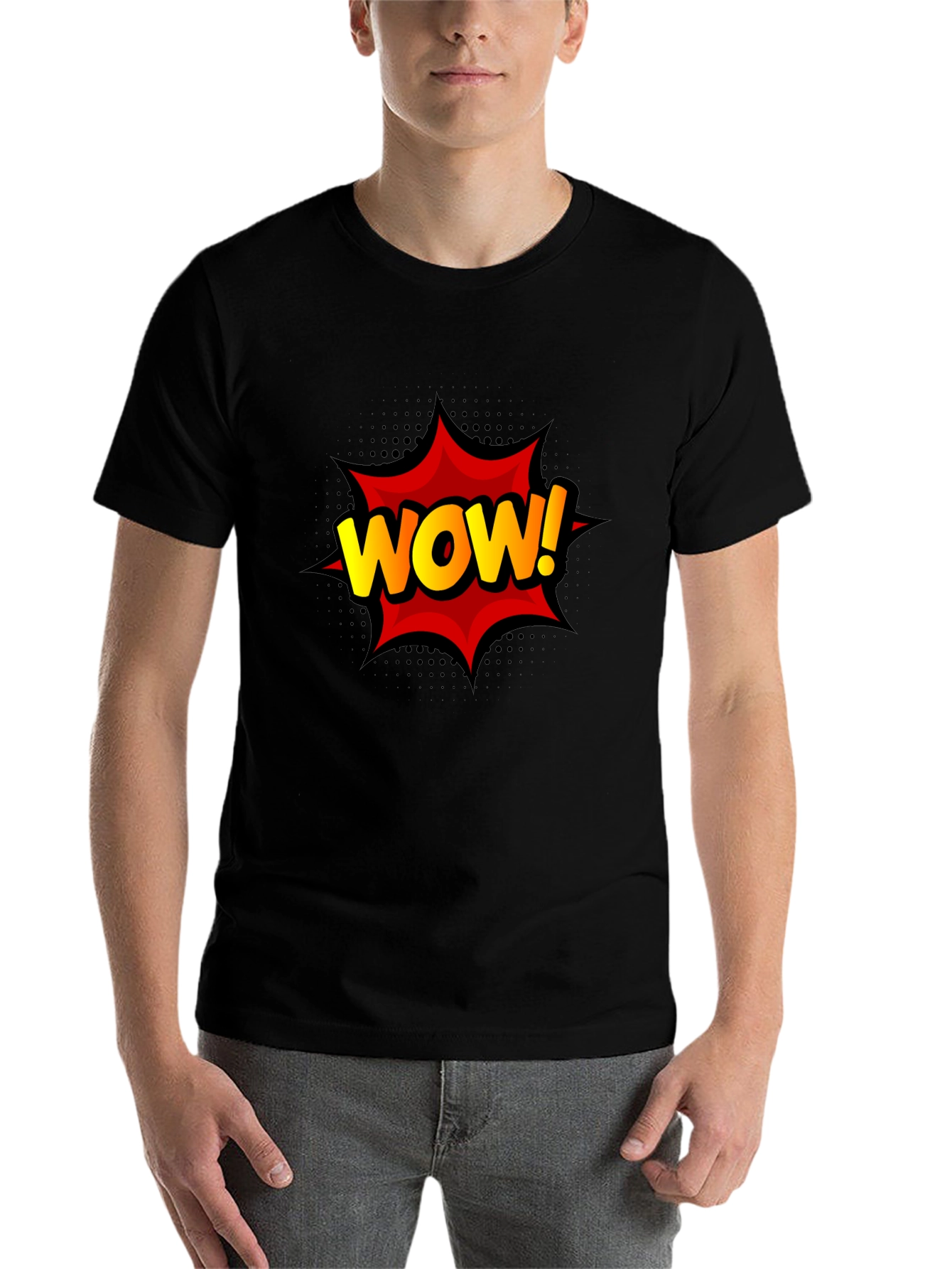 Black WOW! Graphic Print Tee - Black Cotton T-Shirt view 7
