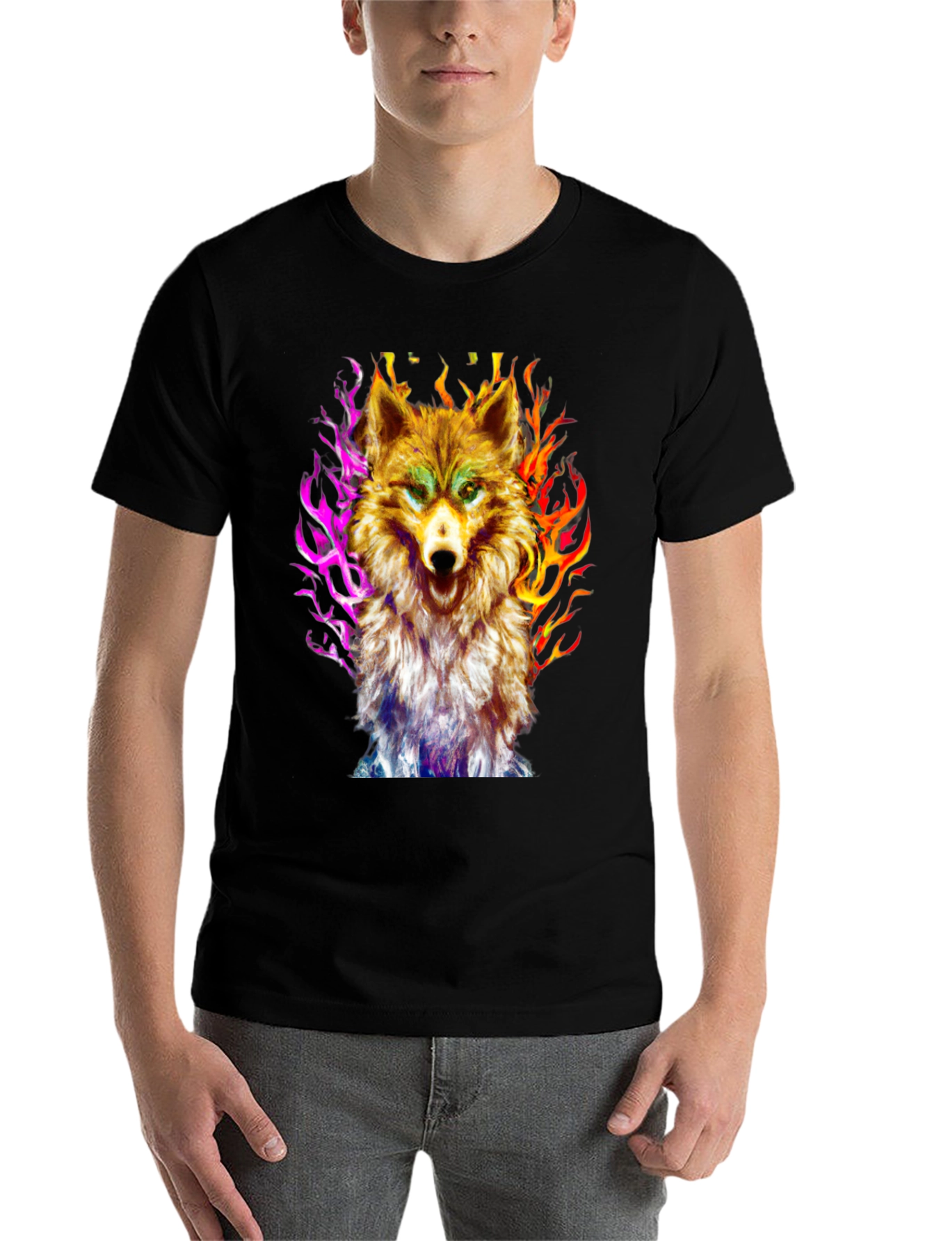 Black Fiery Wolf Graphic Tee - Black Cotton view 7