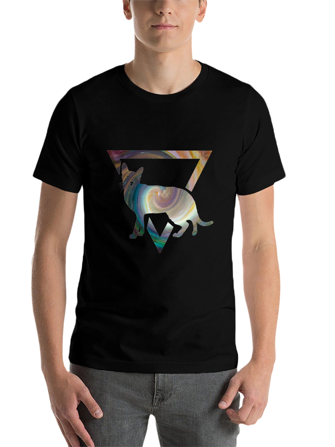 Black Cosmic Cat Triangle T-Shirt - Unique Graphic Tee view 7