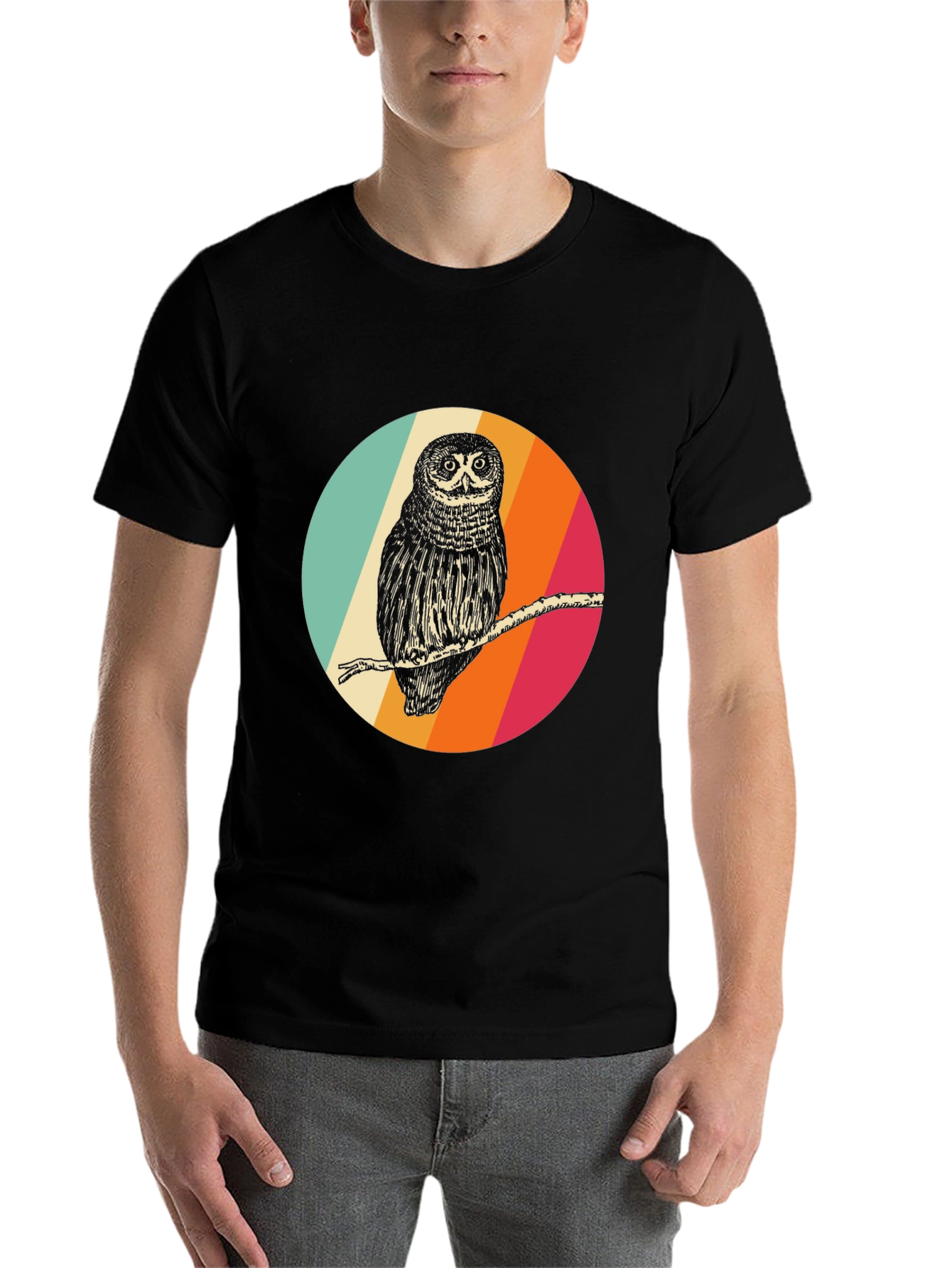 Black Retro Owl Graphic Tee - Men's Black T-Shirt view 7