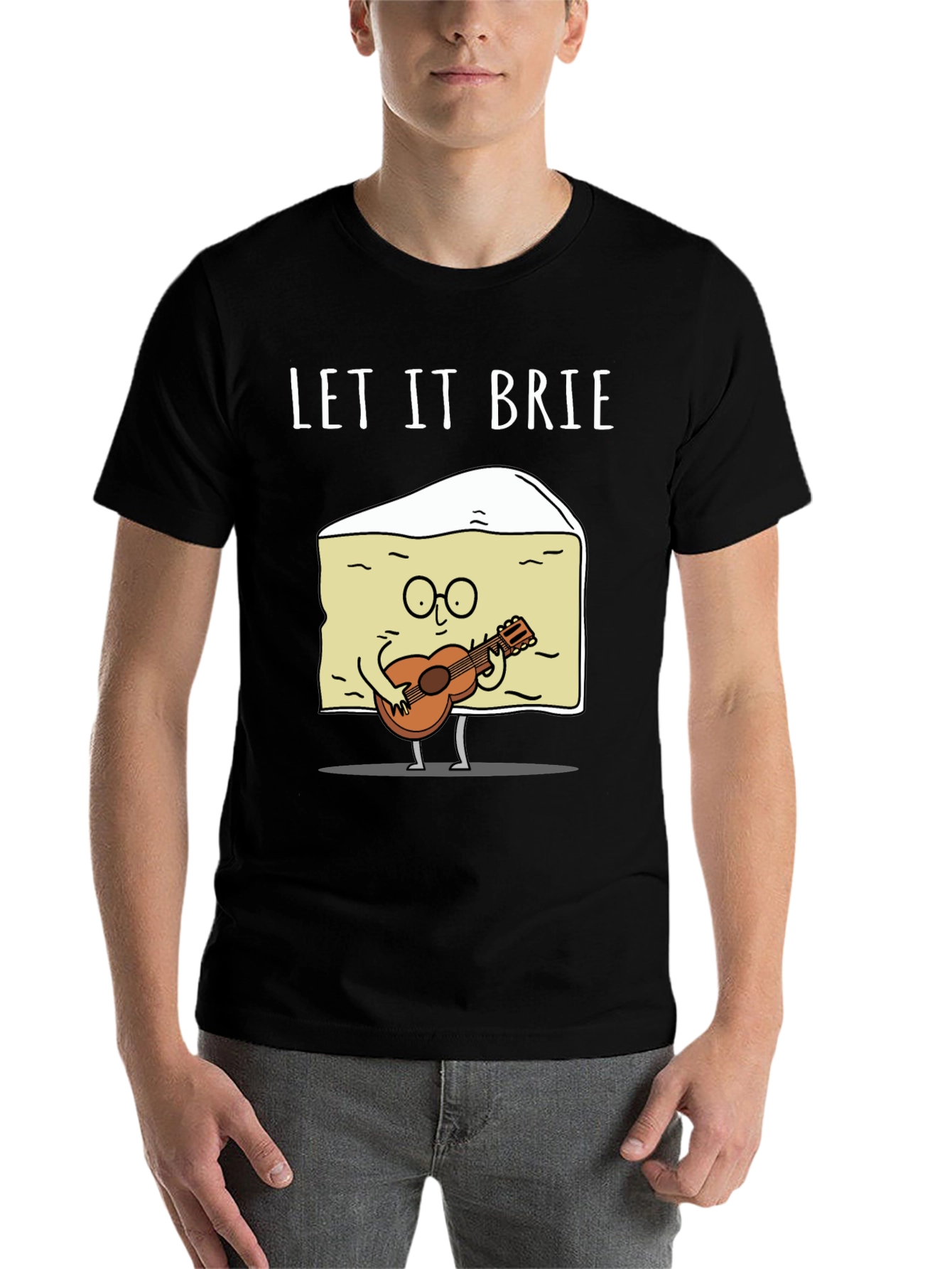 Black Let It Brie T-Shirt - Cheese Guitar Player view 7