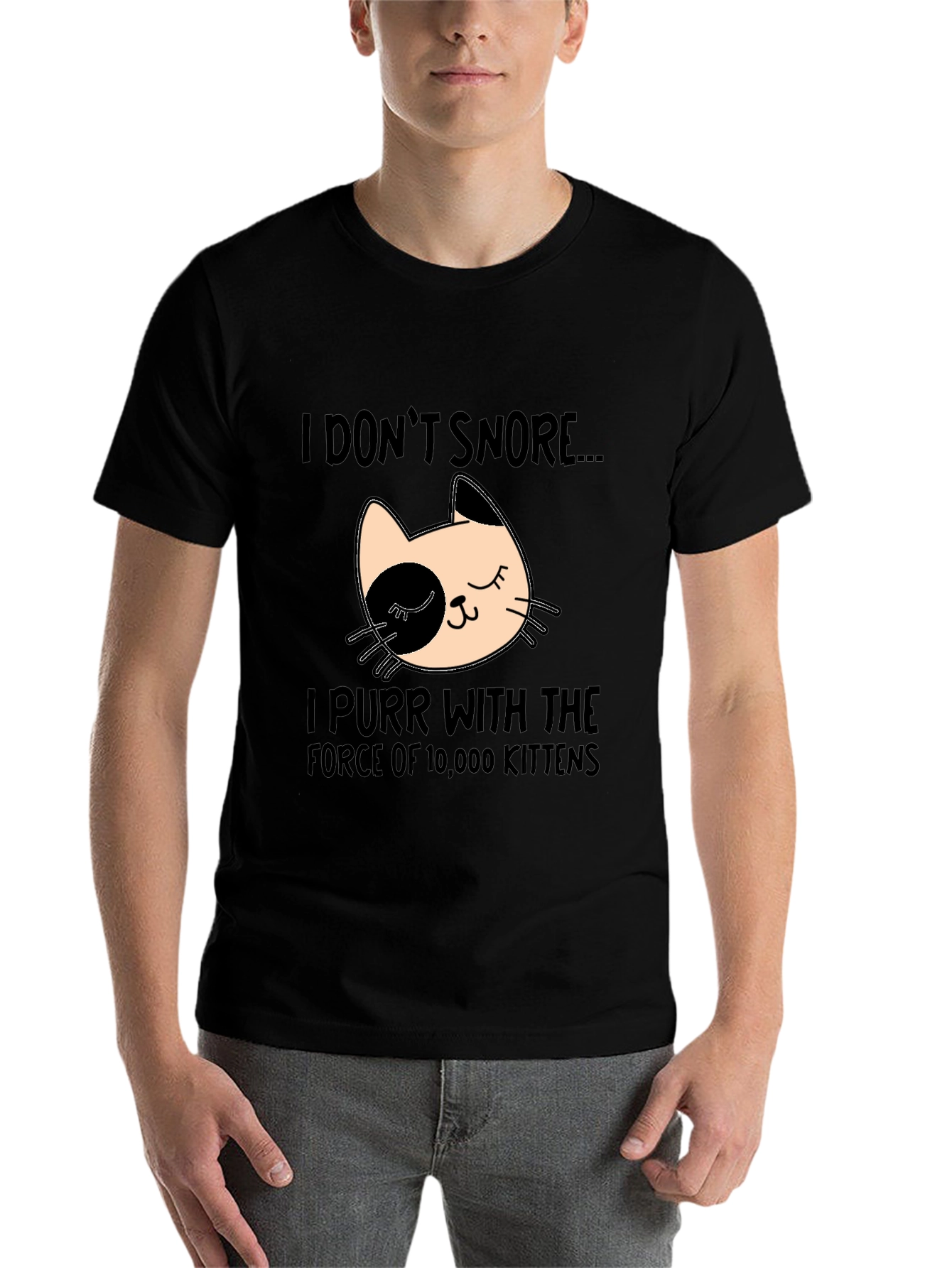Black Funny Cat Purr T-Shirt - I Don't Snore view 7