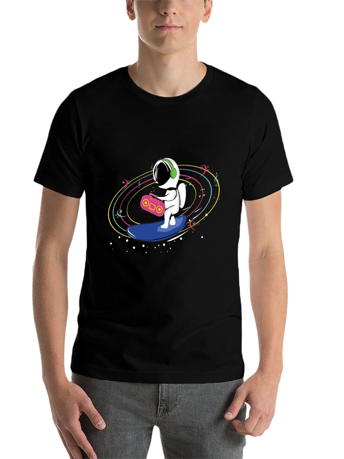 Black Astronaut Surfing T-Shirt - Space Music Vibes view 7