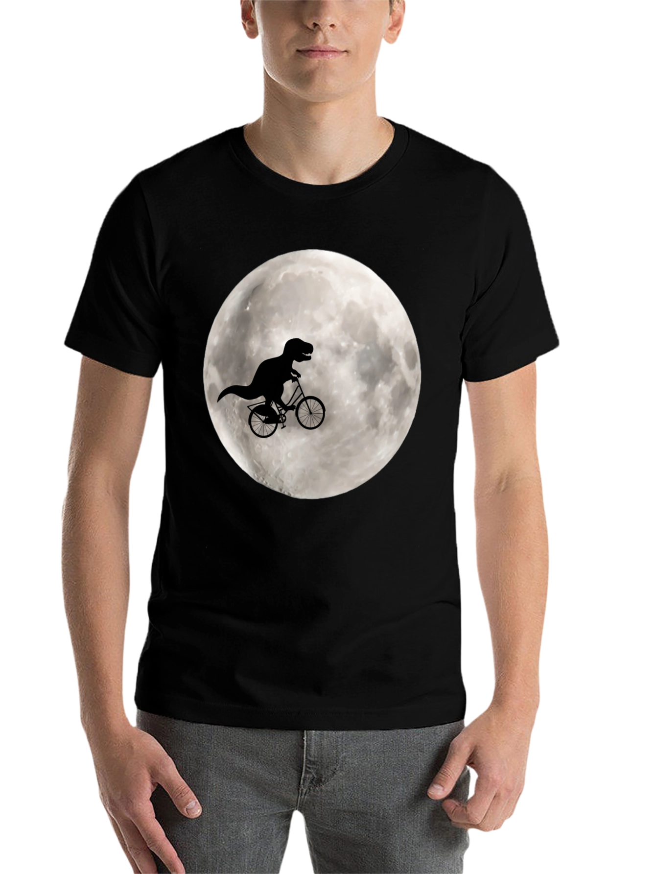 Black Dino Biker Tee - T-Rex Riding Bike on Moon Shirt view 7