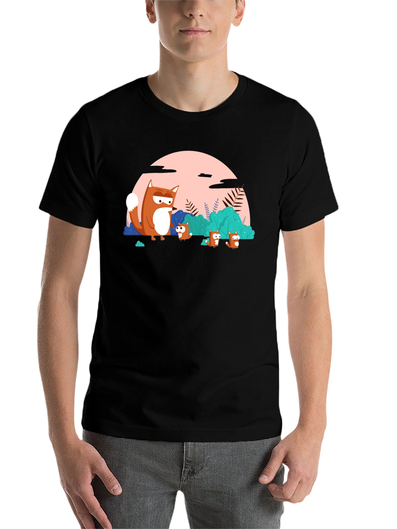 Black Cartoon Fox Family Black T-Shirt view 7