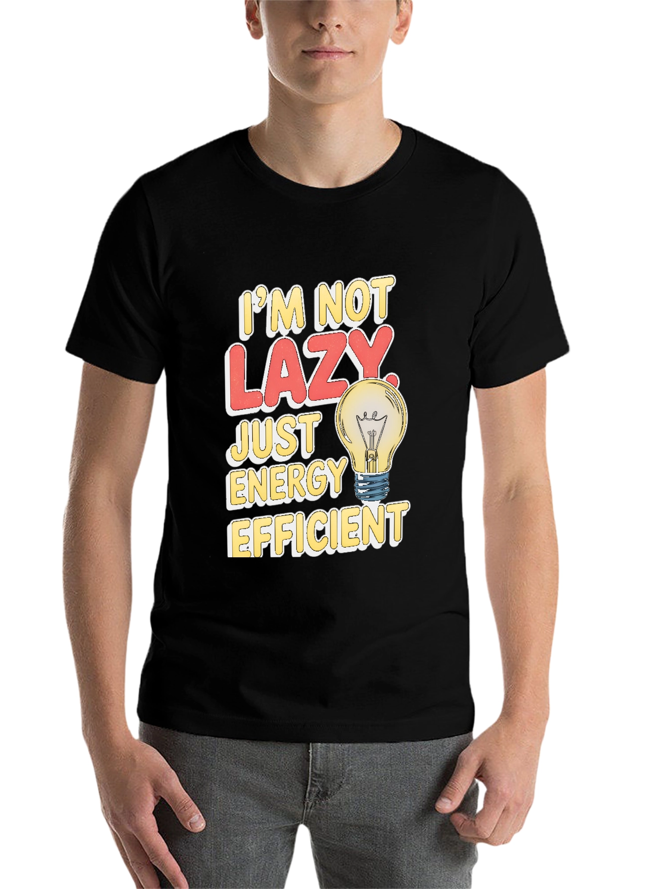 Black Funny Energy Efficient Lazy Light Bulb T-Shirt view 7