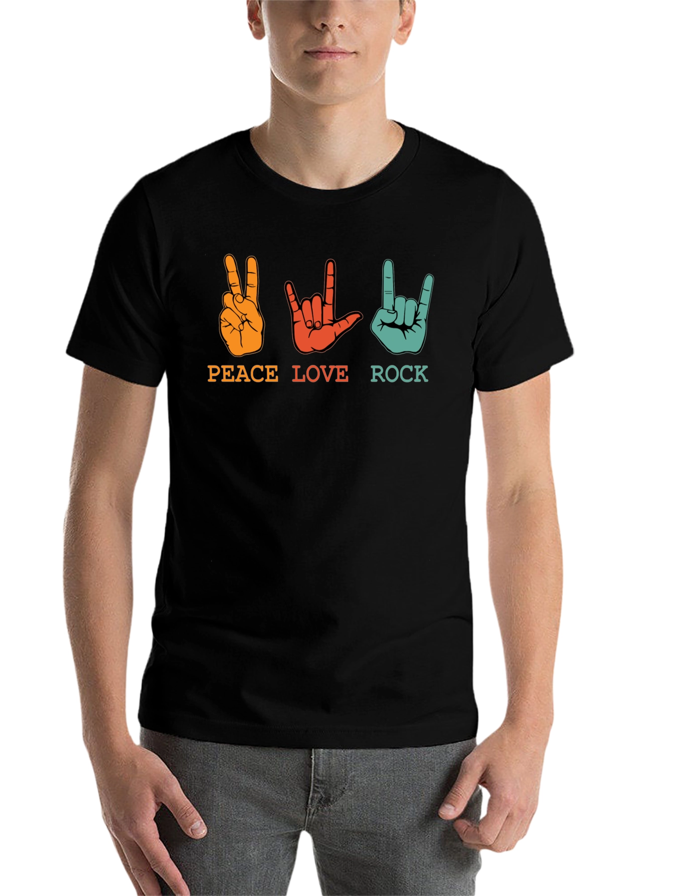 Black Peace Love Rock Graphic Tee - Black Unisex T-Shirt view 7
