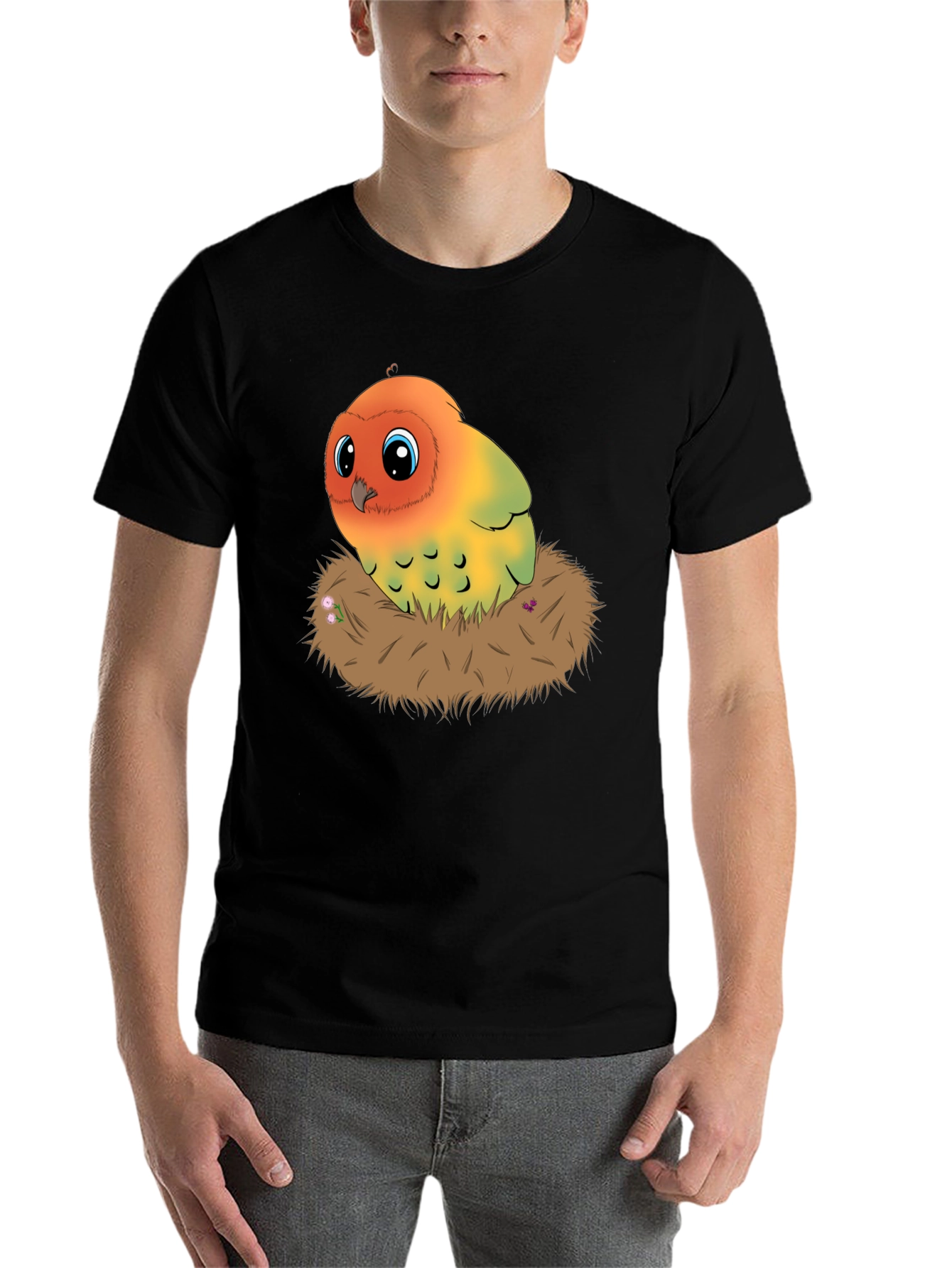 Black Cute Lovebird in Nest Graphic Tee view 7