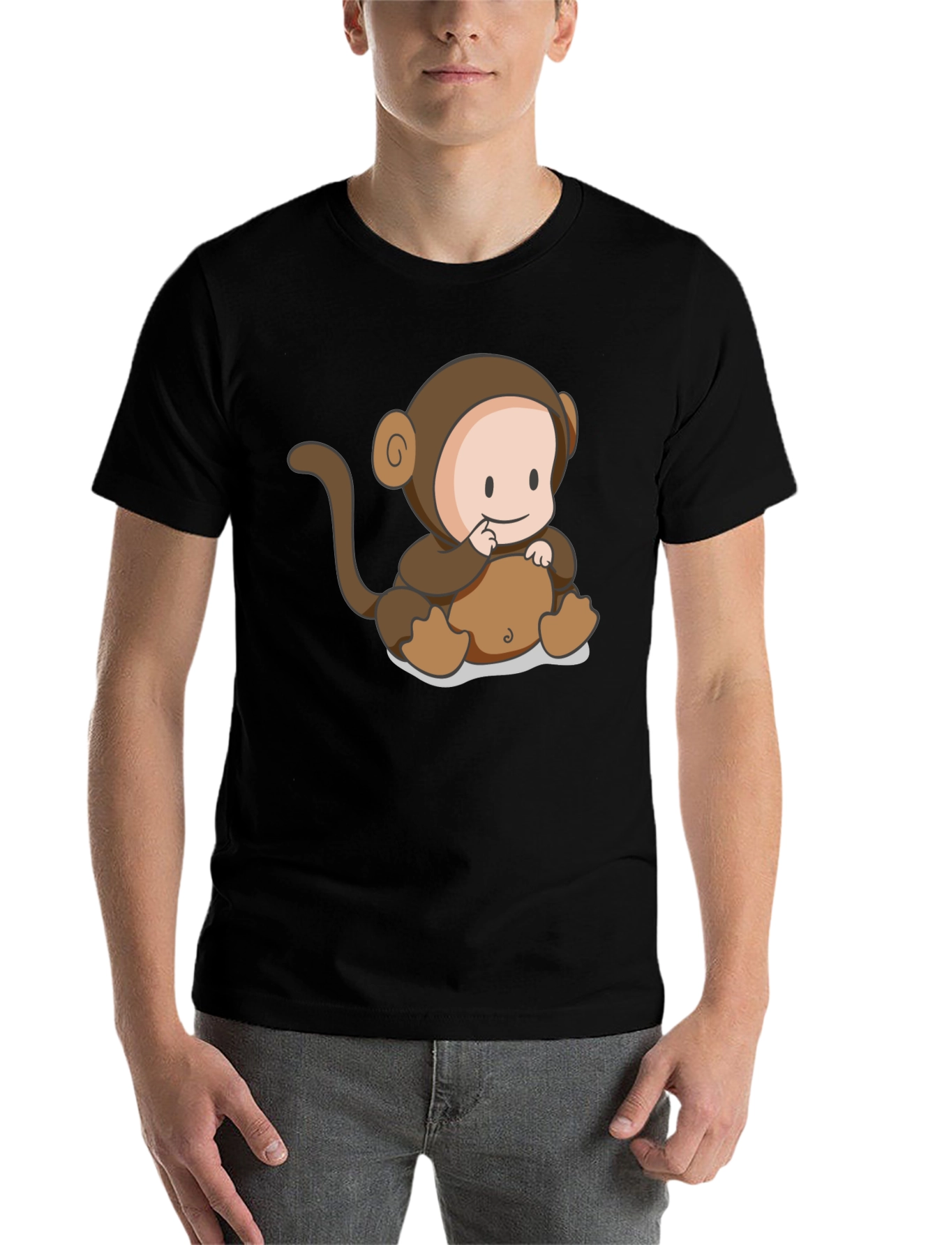 Black Cute Monkey Cartoon Black T-Shirt view 7