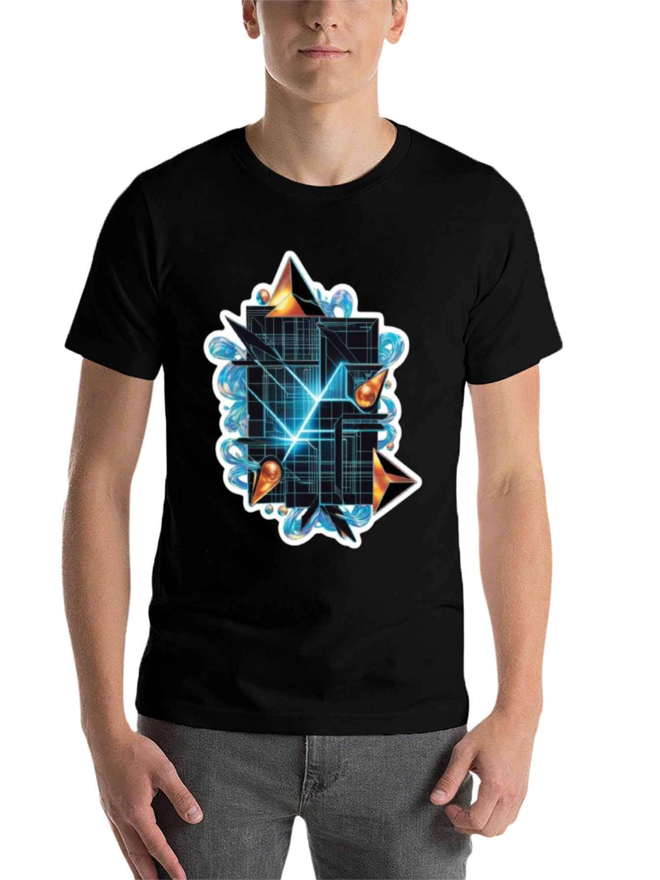 Black Abstract Geometric Graphic Tee - Stylish Black T-Shirt view 7