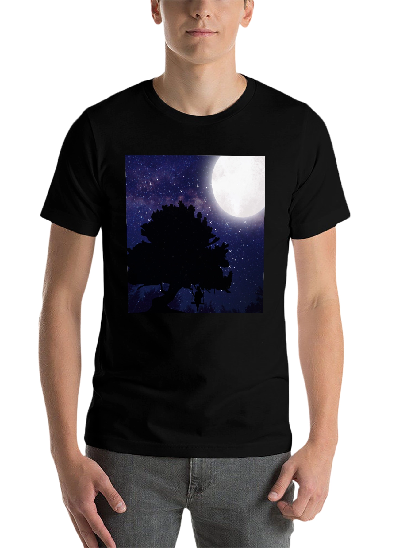 Black Moonlit Swing T-Shirt - Night Sky Tree Silhouette view 7