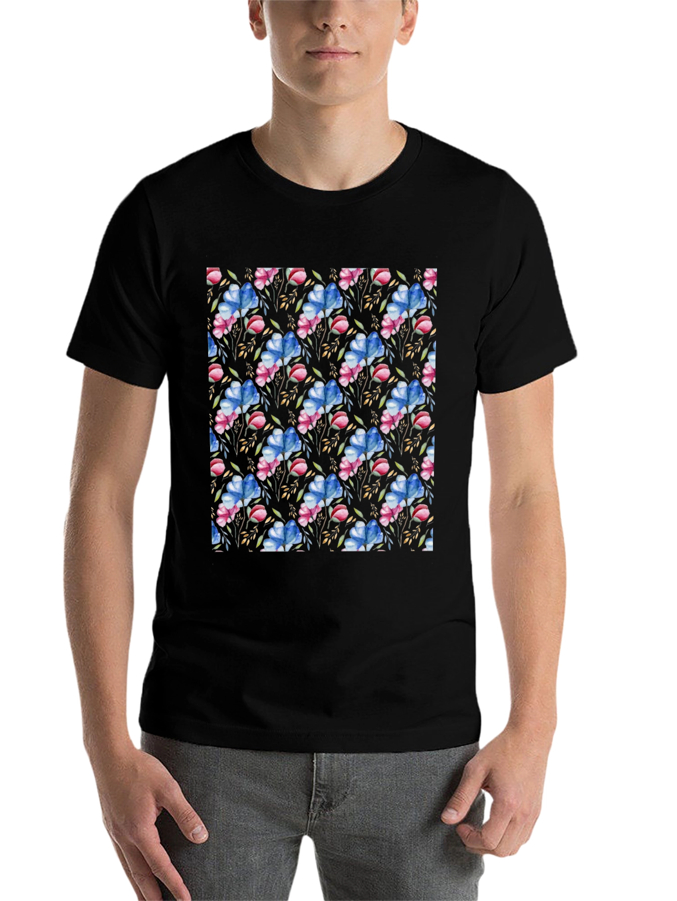 Black Floral Pattern T-Shirt: Black Botanical Design view 7