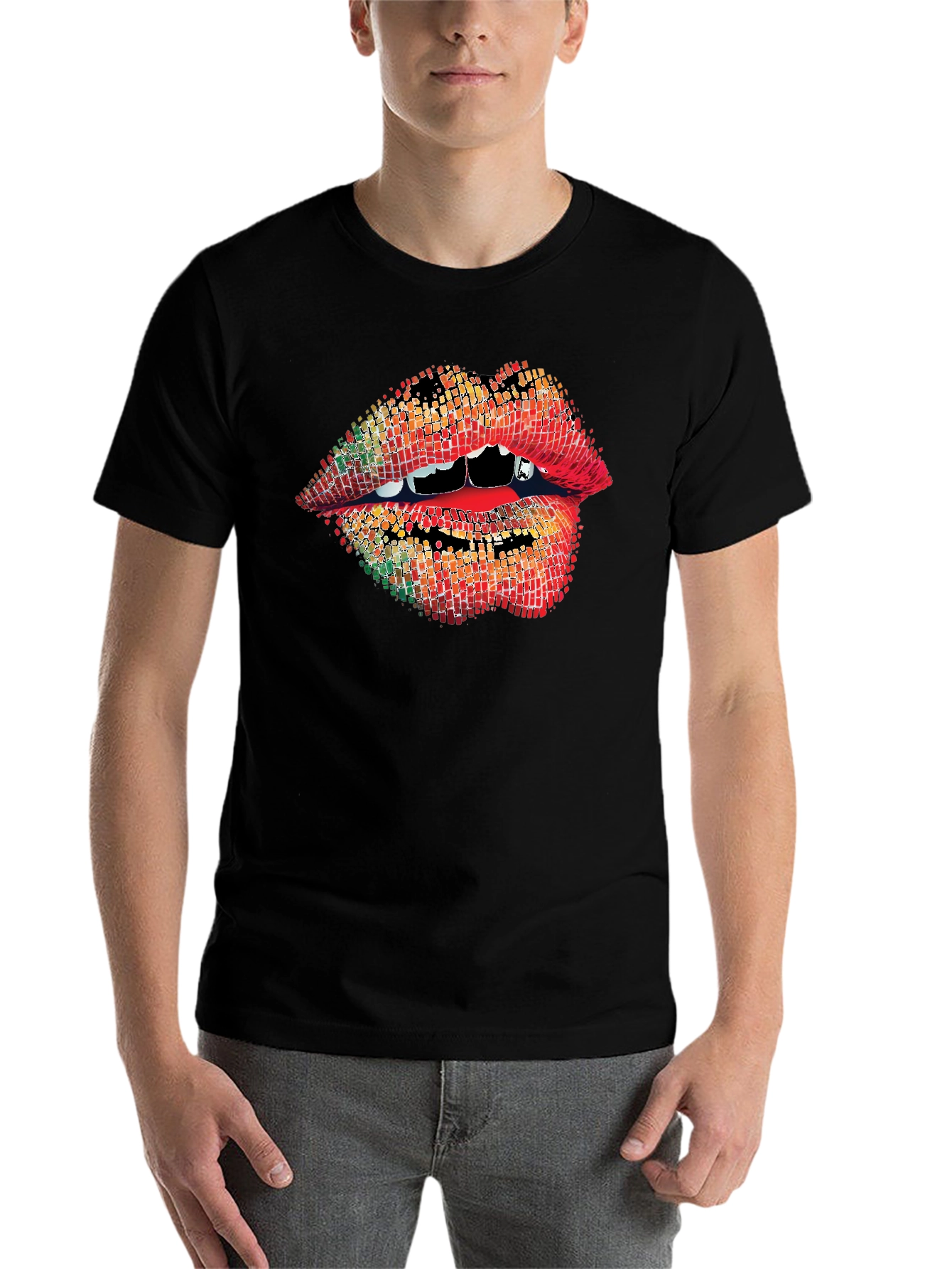 Black Vampire Lips Graphic Tee - Unique Pixelated Mouth Design view 7