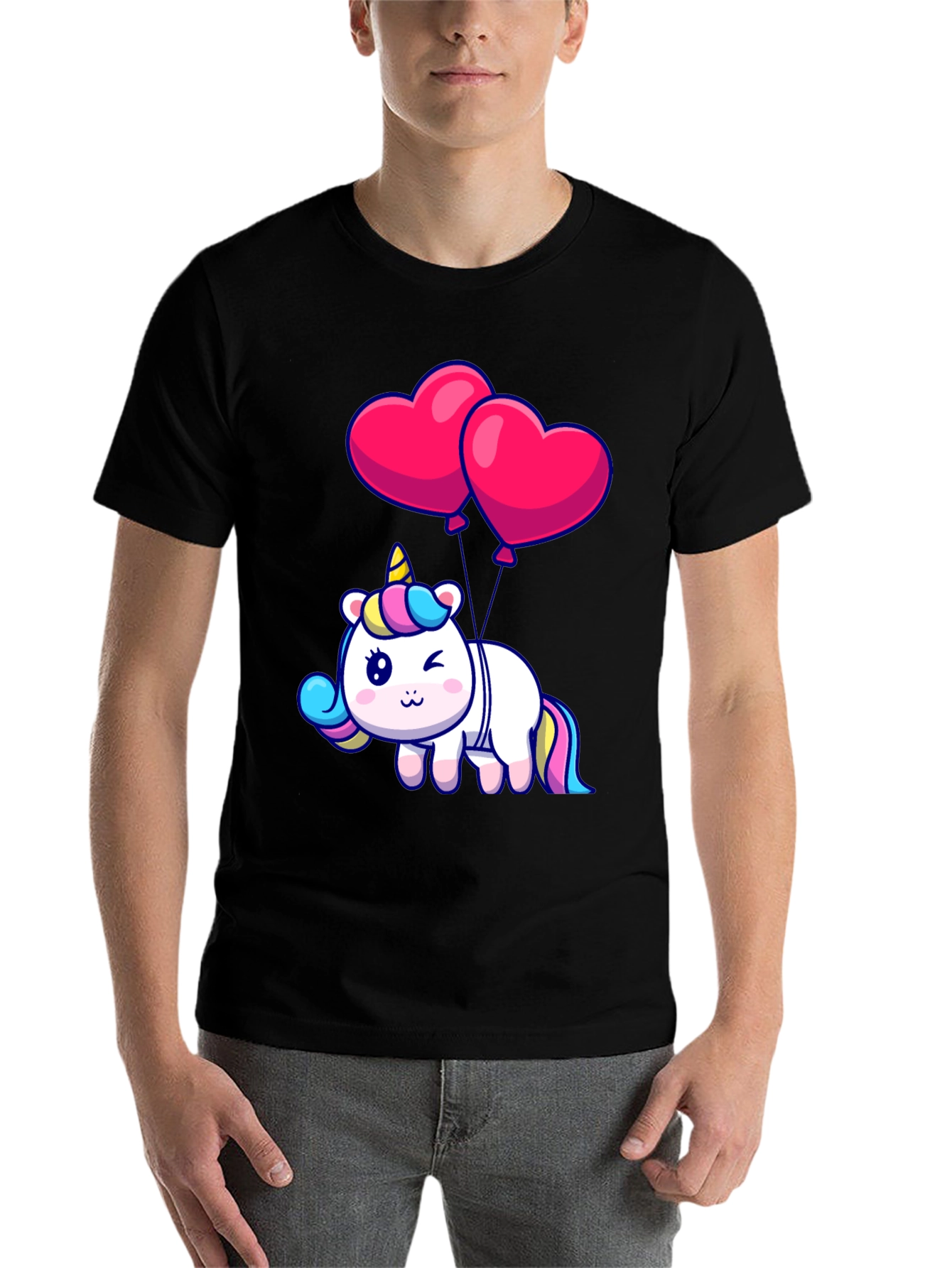 Black Unicorn with Heart Balloons Graphic Tee view 7