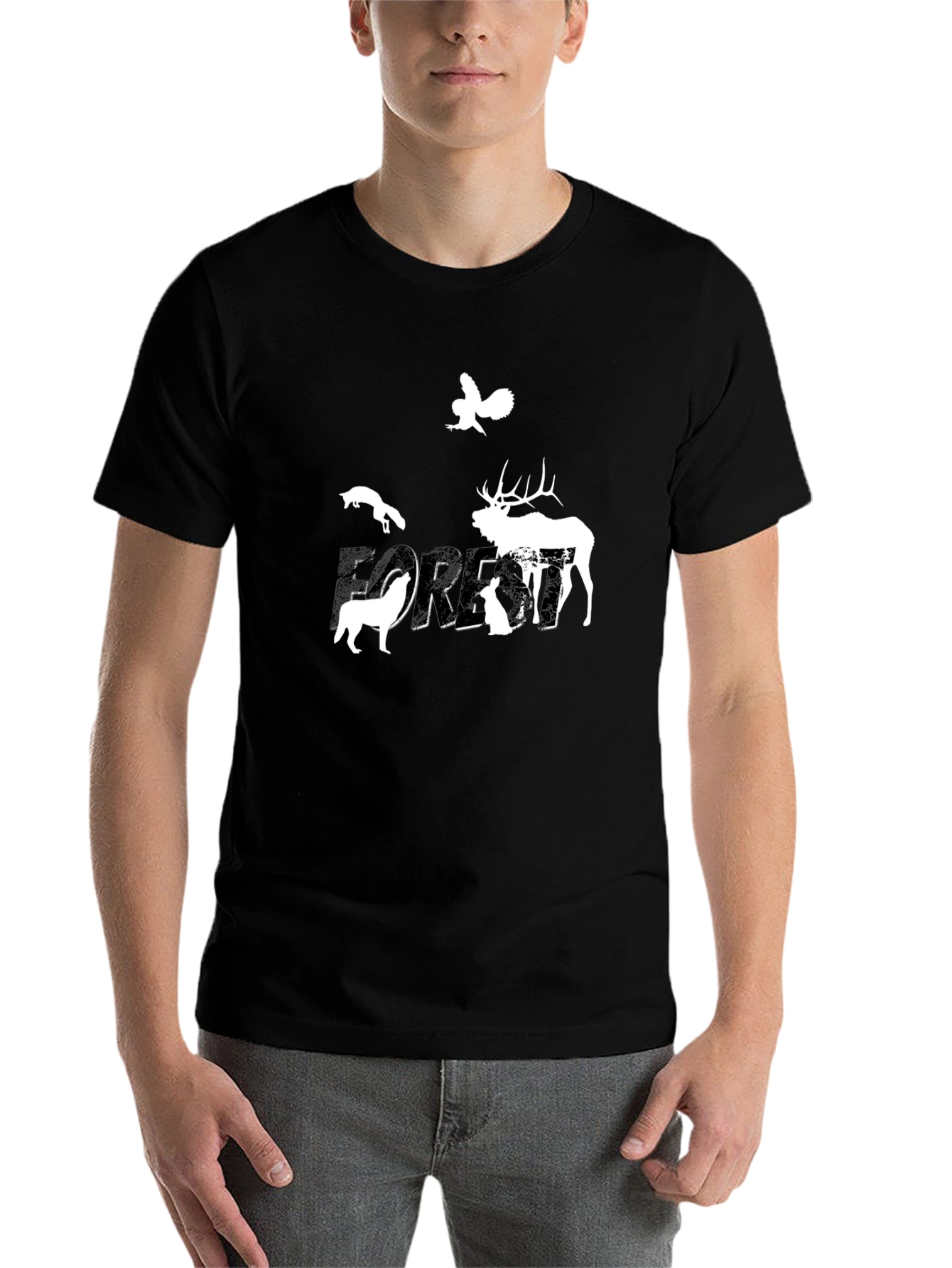 Black Nature Forest Animals Graphic Print Crew Neck Tee view 7