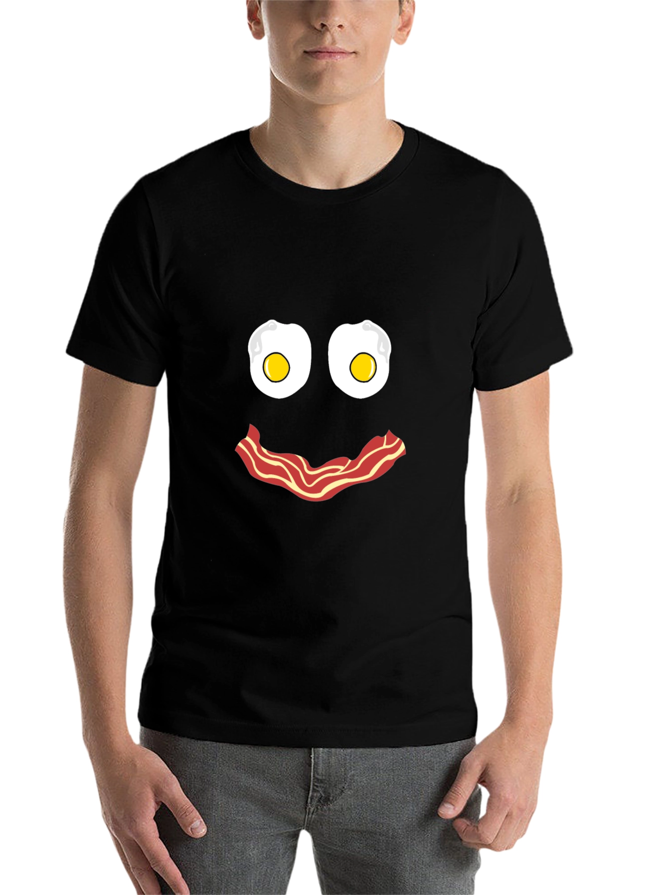 Black Funny Breakfast Face T-Shirt: Eggs and Bacon Graphic Tee view 7