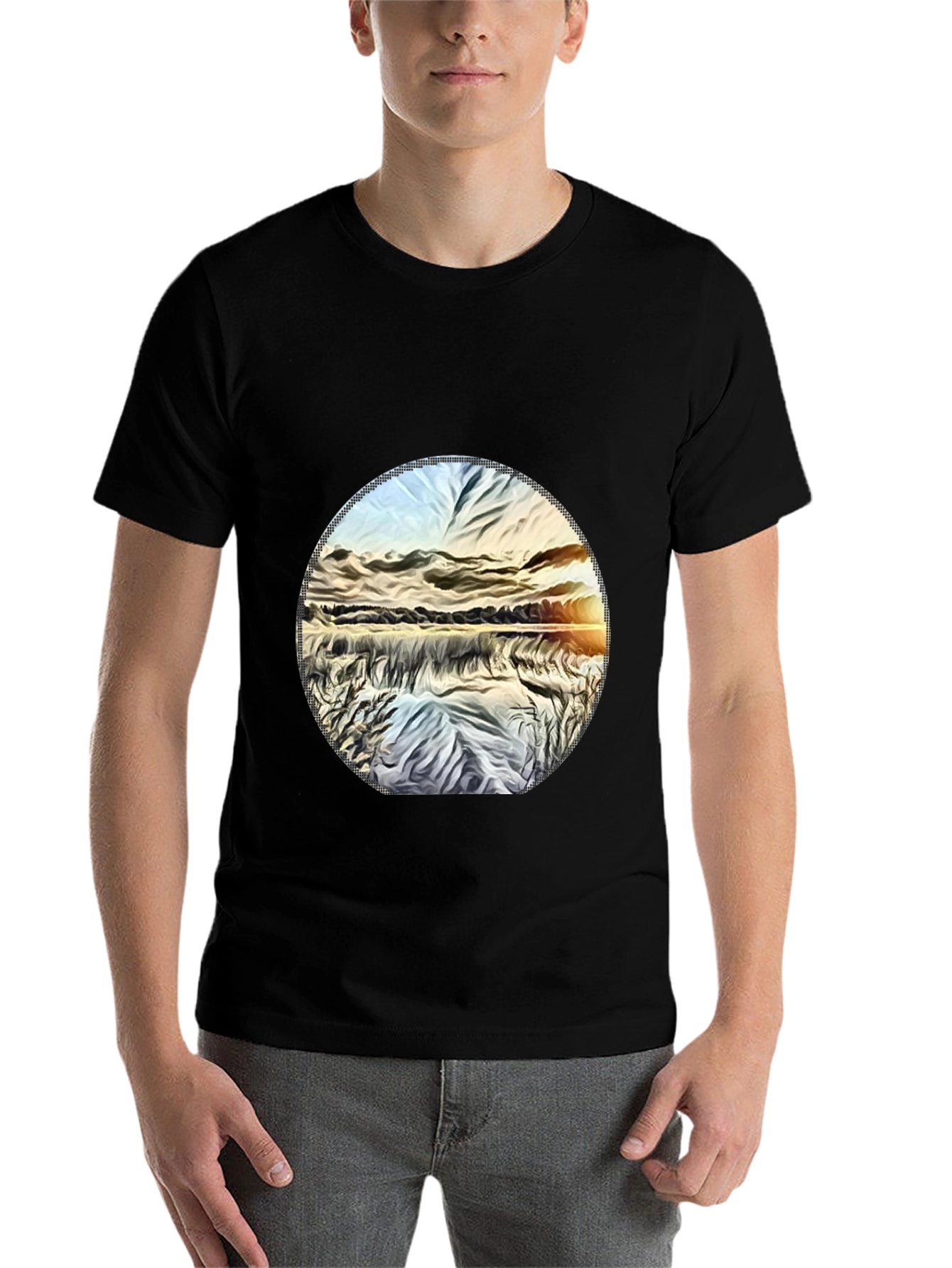 Black Sunset Lake Graphic Tee - Black Casual T-Shirt view 7