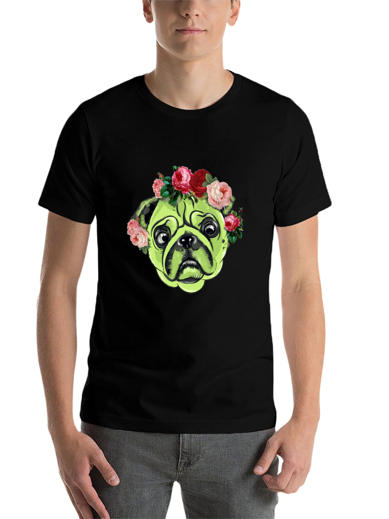 Black Pug with Floral Crown Graphic T-Shirt view 7